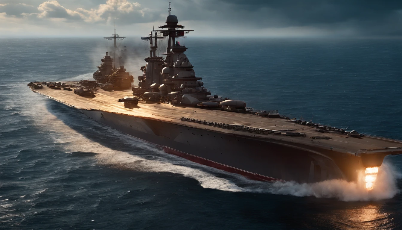 (Best quality,4K,8K,A high resolution,Super CG rendering,down view,large view,masutepiece:1.2),Ultra-detailed,(Realistic,Photorealistic,Photorealsitic:1.37),Raging spaceship, Perfect battleship design,Epic composition,Epic scenes,Realistic military background, Amazing naval battles, battleship, warships, Kankore style, PC Wallpapers, battleship, Large-scale naval battles with fantasy elements, Yamato battleship, Fleet Collection arcades, High quality, Ultra-detailed, submarine, Surrounded by shades of red,down view,Ultra-wide-angle lens shooting effect,Cinematic tones,Professional lighting for films,the sunset,Orange sky,Fantastic clouds