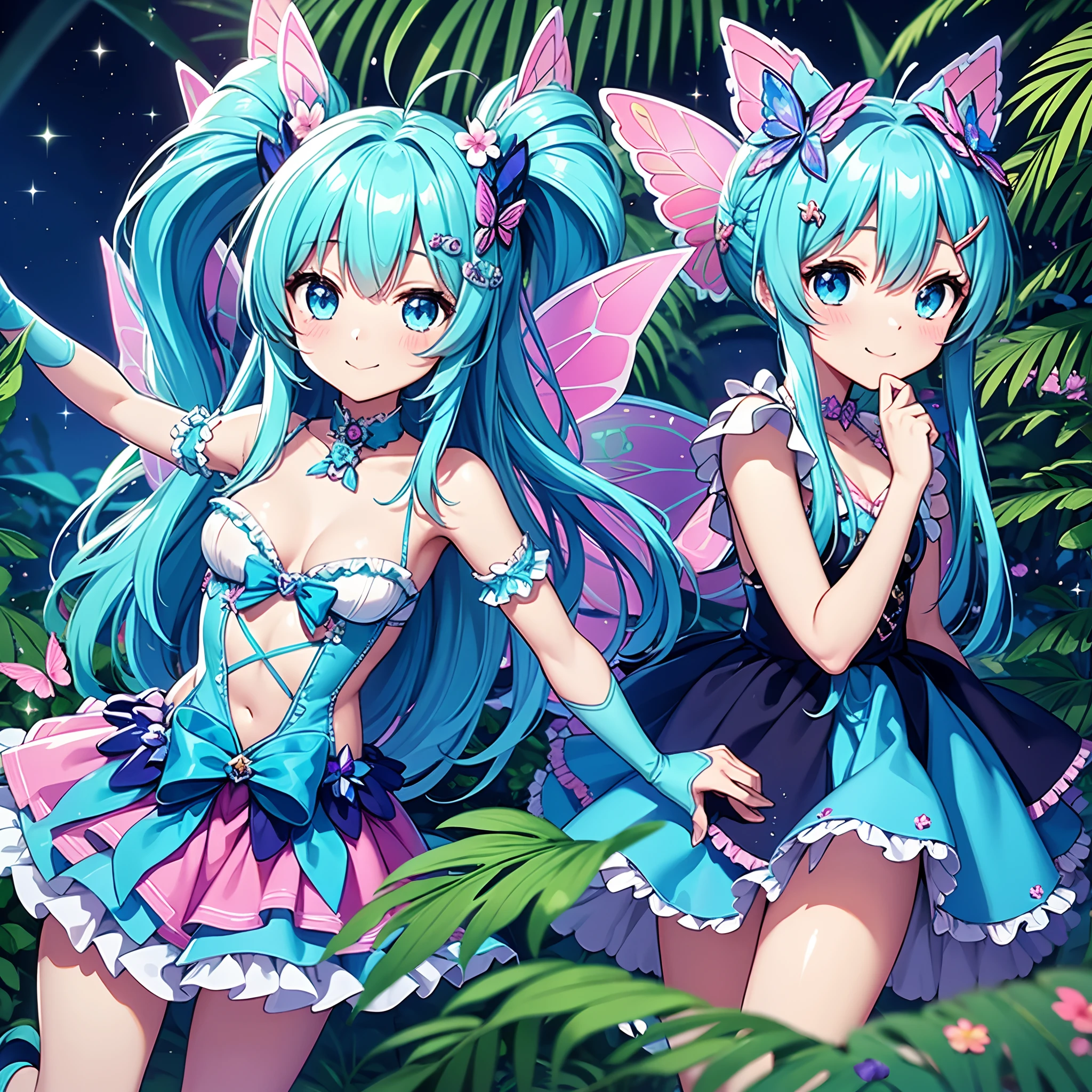Best Quality, masutepiece, Cute fairy girl with sparkly sparkles, adorable smiling、fairy wings, Fairy costume with ruffles in  style、Light blue long hair、Twin-tailed、In the mysterious jungle, foliage, Tropical, kawaii, mystery, Magical, Mysterious butterflies flutter、Exotic flowers