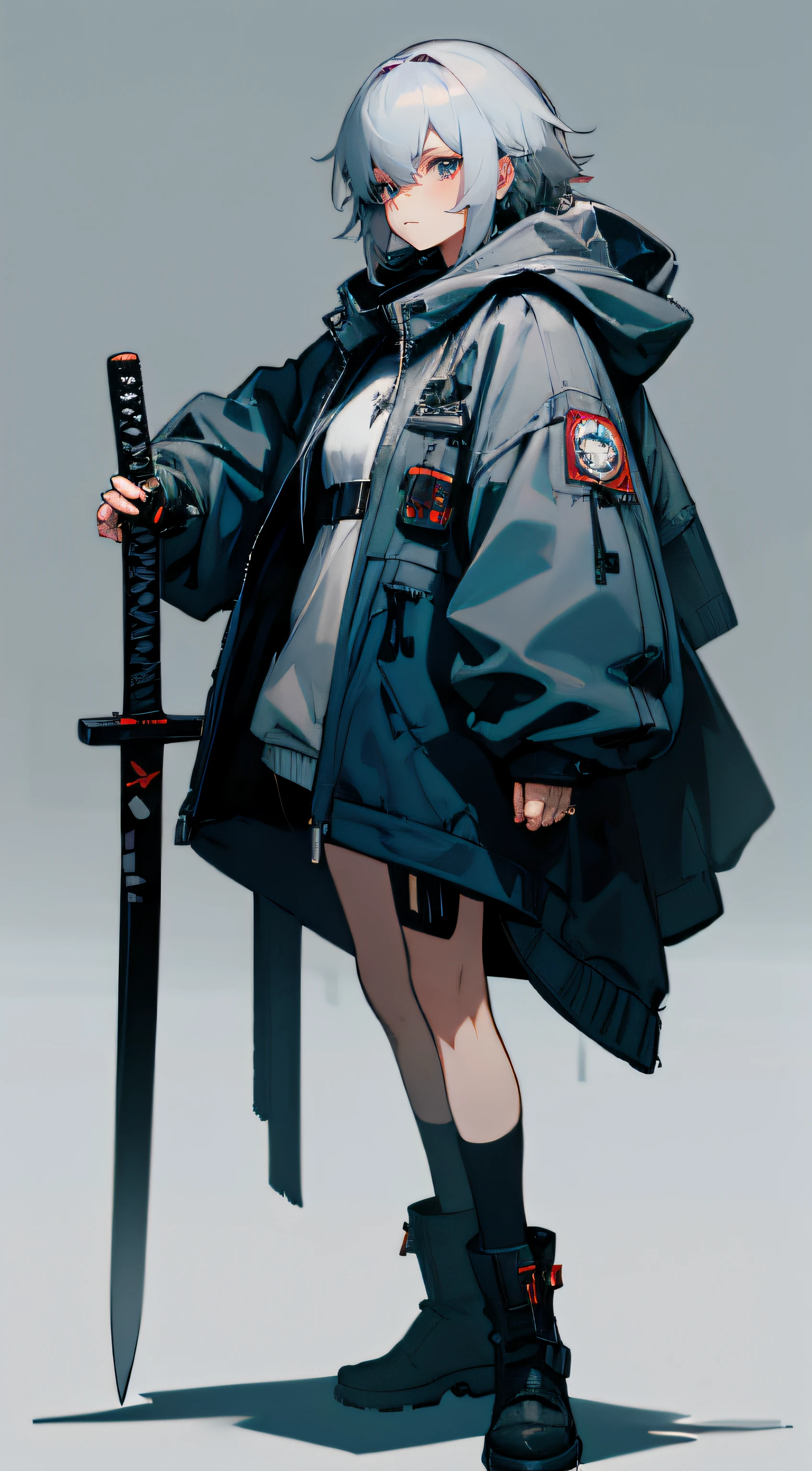 Gray hair，Big sister，Cyberpunk style grey hooded coat，Leather boots，Thermal energy katana，Bandage underwear，Mechanical face lines，Dark blue throughout，cold shades