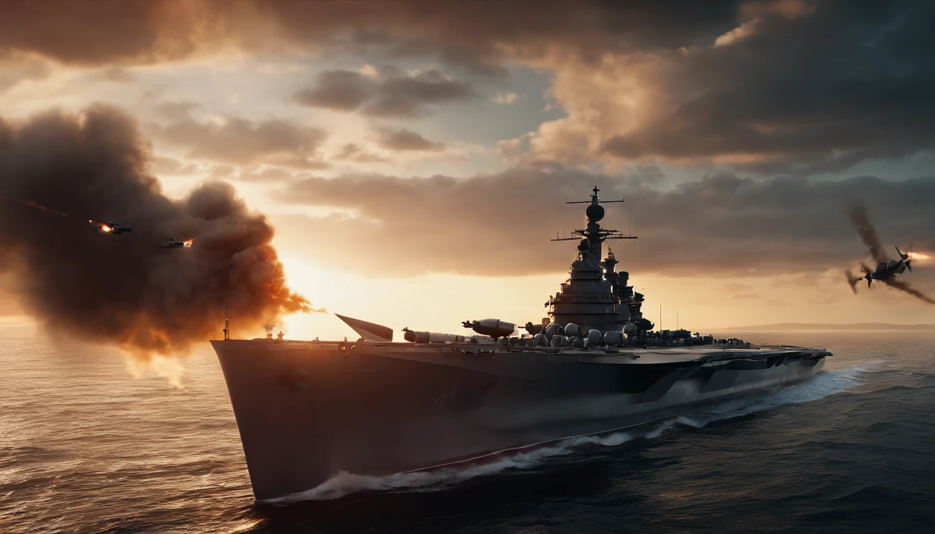 (Best quality,4K,8K,A high resolution,Super CG rendering，down view，large view，masutepiece:1.2),Ultra-detailed,(Realistic,Photorealistic,Photorealsitic:1.37),Raging spaceship, Perfect battleship design，Epic composition，Epic scenes，Realistic military background, Amazing naval battles, battleship, warships, Kankore style, PC Wallpapers, battleship, Large-scale naval battles with fantasy elements, Yamato battleship, Fleet Collection arcades, High quality, Ultra-detailed, submarine, Surrounded by shades of red，down view，Ultra-wide-angle lens shooting effect，Cinematic tones，Professional lighting for films，the sunset，Orange sky，Fantastic clouds