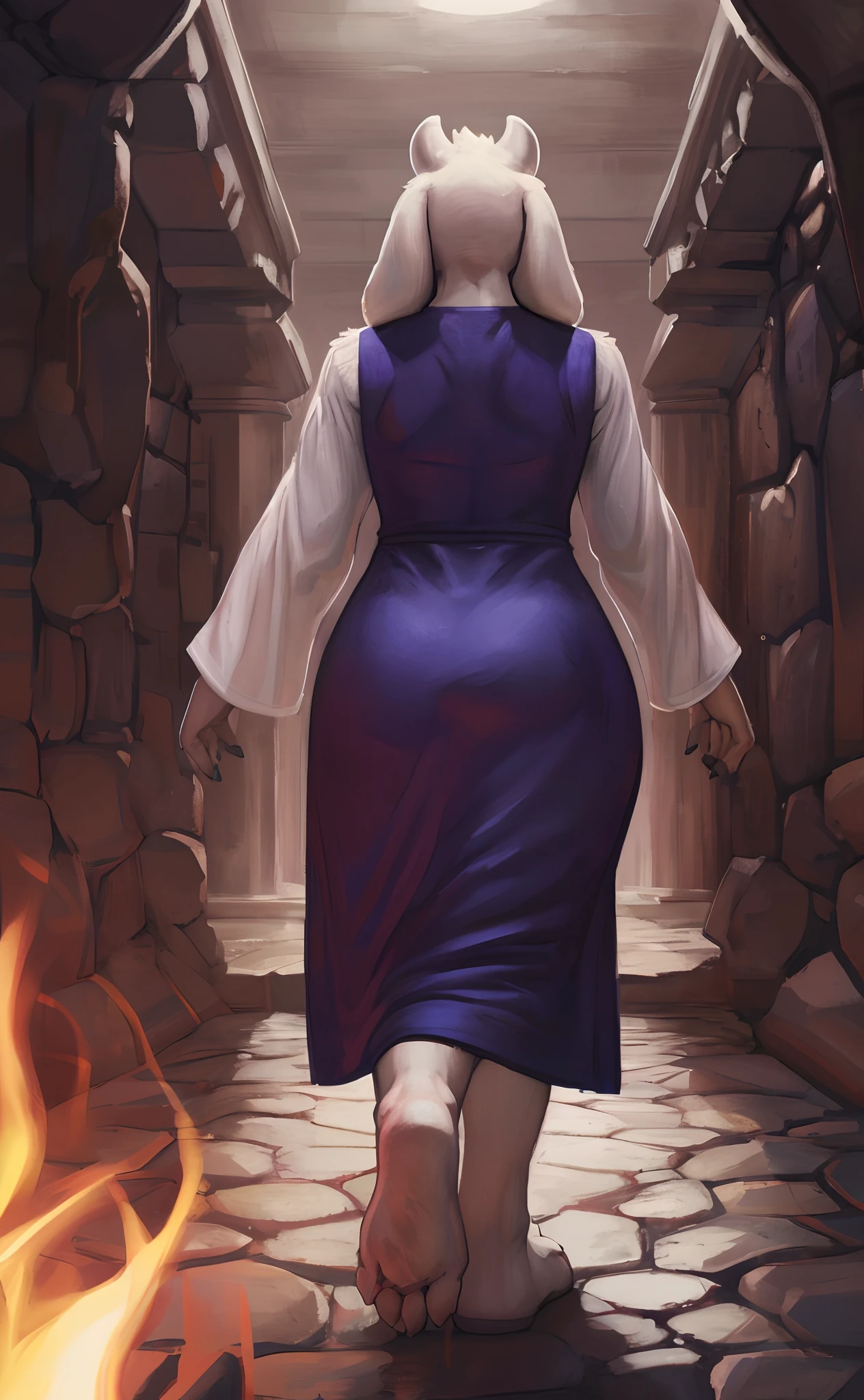 [toriel], [Undertale], [Uploaded to e621.net; (Pixelsketcher), (wamudraws), (woolrool)], ((masterpiece)), ((HD)), ((high quality)), ((solo portrait)), ((back view)), ((feet visible)), ((furry; anthro)), ((detailed fur)), ((detailed shading)), ((beautiful render art)), ((intricate details)), {anthro goat; white fur, white nose, (cute maroon glowing eyes), (short eyelashes), (short goat horn), short fluffy tail, (medium boobs), (gorgeous wide hips), (thick thighs), (beautiful feet), (expressionless), (frown)}, {(long indigo dress), (long white sleeves)}, {(walking), (arms at side), (looking over shoulder), (looking at viewer)}, [background; (stone hallway), (flames), (ambient lighting)]