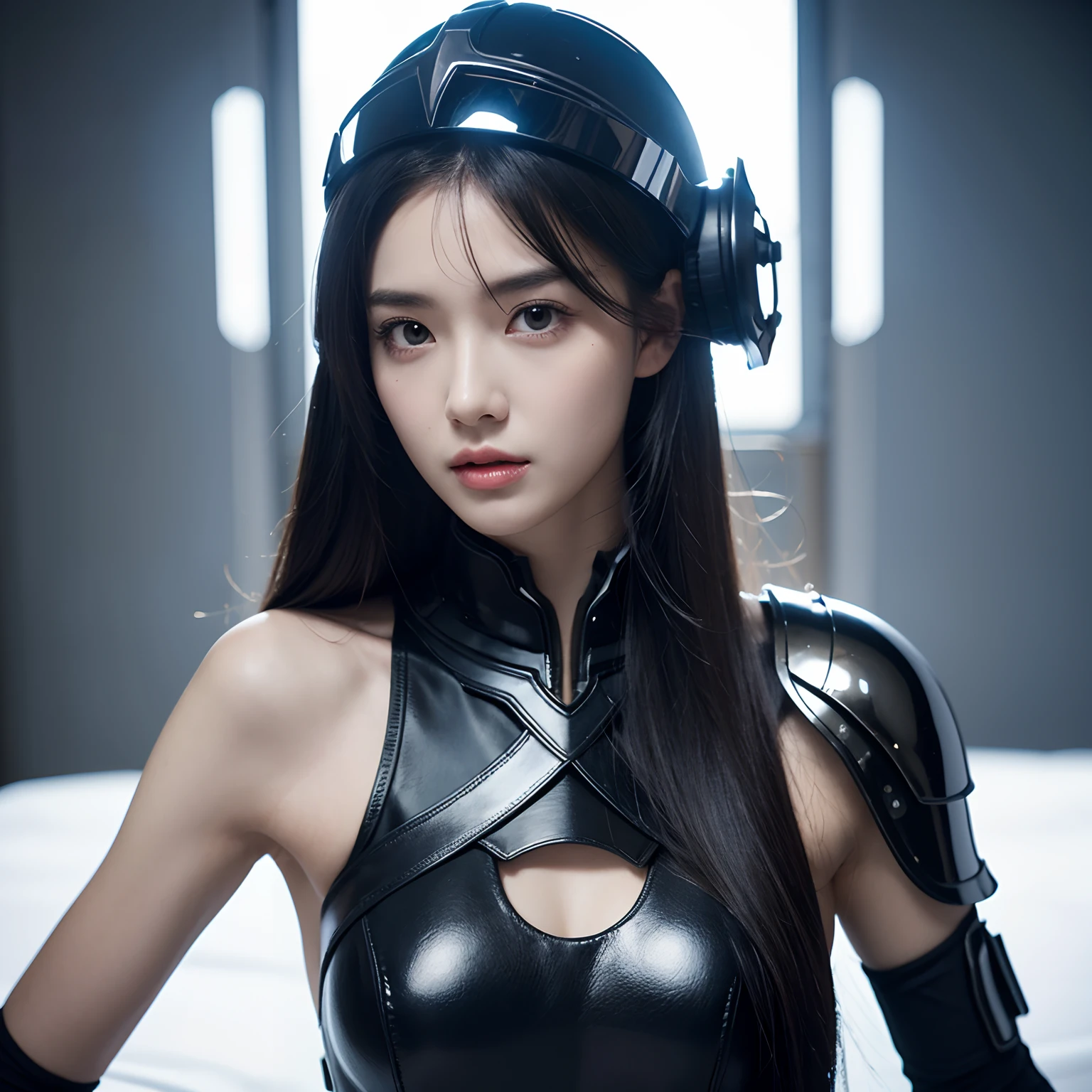 (cyberpunk:1.4), (photorealistic:1.4), (best quality:1.0), (ultra highres:1.0), 8k, RAW photo, (masterpiece:0.2), ultra-detailed, 1girl, pale skin, detailed skin, looking In the audience, on the pillow, on the bed,
