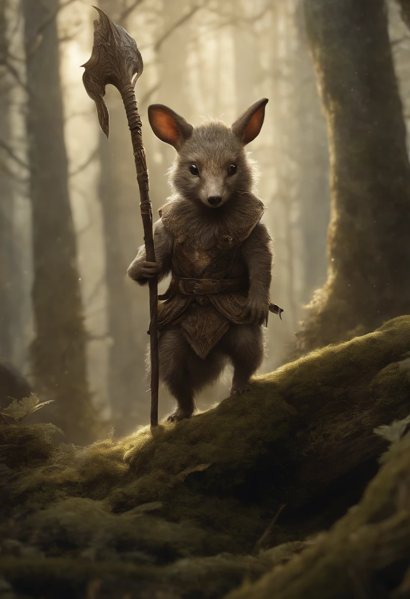 illustration of a little magical cute forest creature. The creature IS holding a spear. fantasy art, intricate details, style Jean - Baptiste Monge, style Alan Lee, anthropomorphic insanity scene from a movie, dramatic shot angle, atmospheric particles, Real, raw cinematic photorealism, action portrait, 8k, detailed, centered, full frame