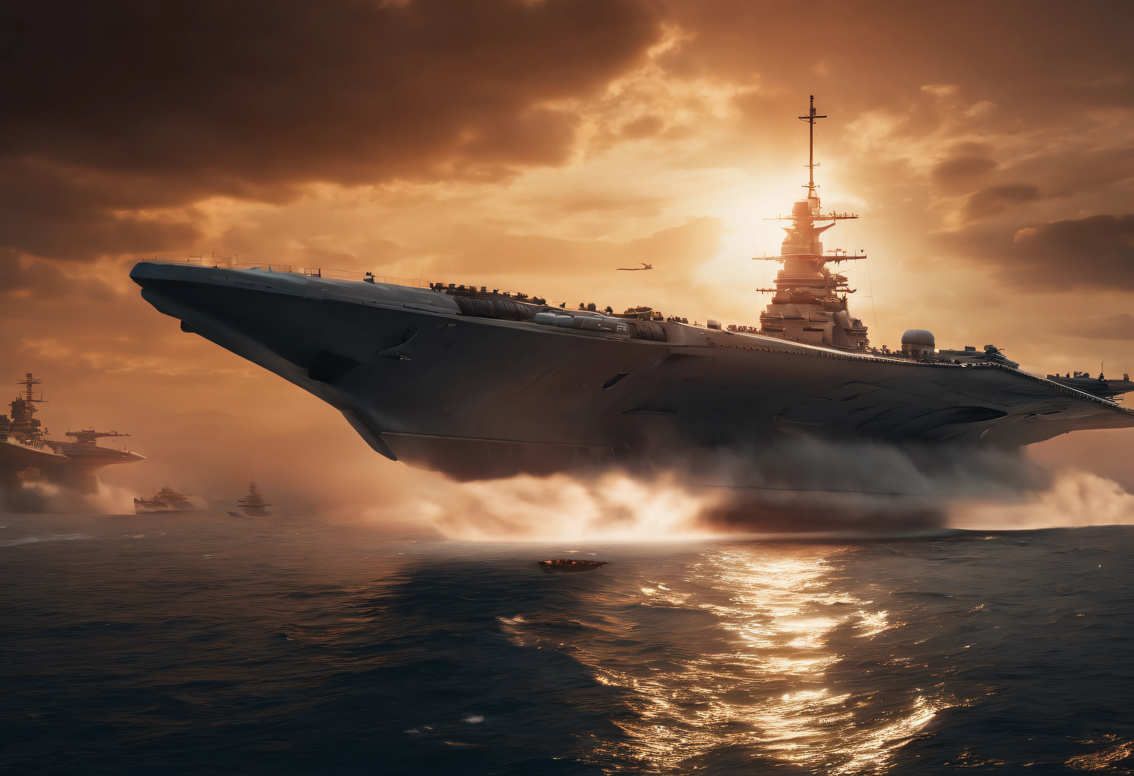 (Best quality,4K,8K,A high resolution,Super CG rendering，down view，large view，masutepiece:1.2),Ultra-detailed,(Realistic,Photorealistic,Photorealsitic:1.37),Raging spaceship, Perfect battleship design，Epic composition，Epic scenes，Realistic military background, Amazing naval battles, battleship, warships, Kankore style, PC Wallpapers, battleship, Large-scale naval battles with fantasy elements, Yamato battleship, Fleet Collection arcades, High quality, Ultra-detailed, submarine, Surrounded by shades of red，down view，Ultra-wide-angle lens shooting effect，Cinematic tones，Professional lighting for films，the sunset，Orange sky，Fantastic clouds