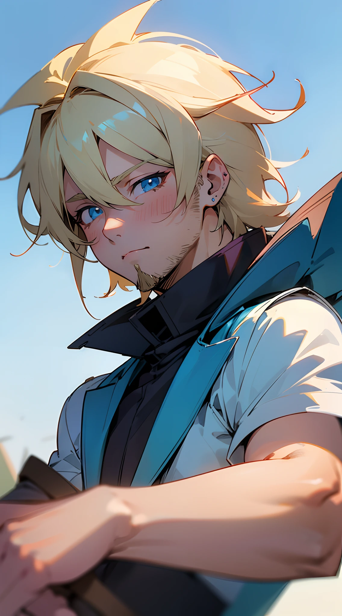 Handsome man , bright blue eyes , blond hair , spiky hair , ((muscular:1)), ((has Stubble)) , age 41,
pastel colors , into distance, gundam in background, Masaaki Yuasa, Taiyo matsumoto, Shinichirō Watanabe, sky huge azure, 1980 1990 anime retro nostalgia , gainax, piercing blue sky dynamic angle, \(blue archive\),
(masterpiece, best quality:1.3),beautiful detailed glow,best illuminate,(((best quality,textile shading,ultra detailed))),extremely detailed CG unity 8k wallpaper,Highly Detailed beautiful and aesthetic,best light,high resolution,detailed,dynamic lighting , 1Character , pastel washed out colors , cell shade , soft, muted shades ,gentle colors ,