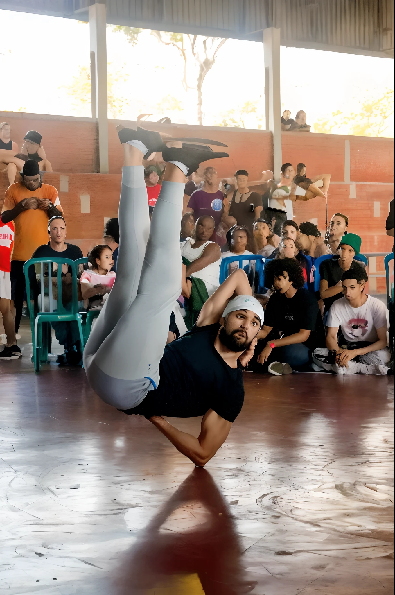 Araffe break in a gym with a crowd watching, breakdance, male and female breakdance, capoeira, Direction: Matteo Pérez, Direction: CeFerí Olivé, unknown artist, Direction: Giorgio Cavallon, by Amelia Peláez, very artistic pose, Complex background, david rios ferreira, acrobatic, extreme contortion of the face