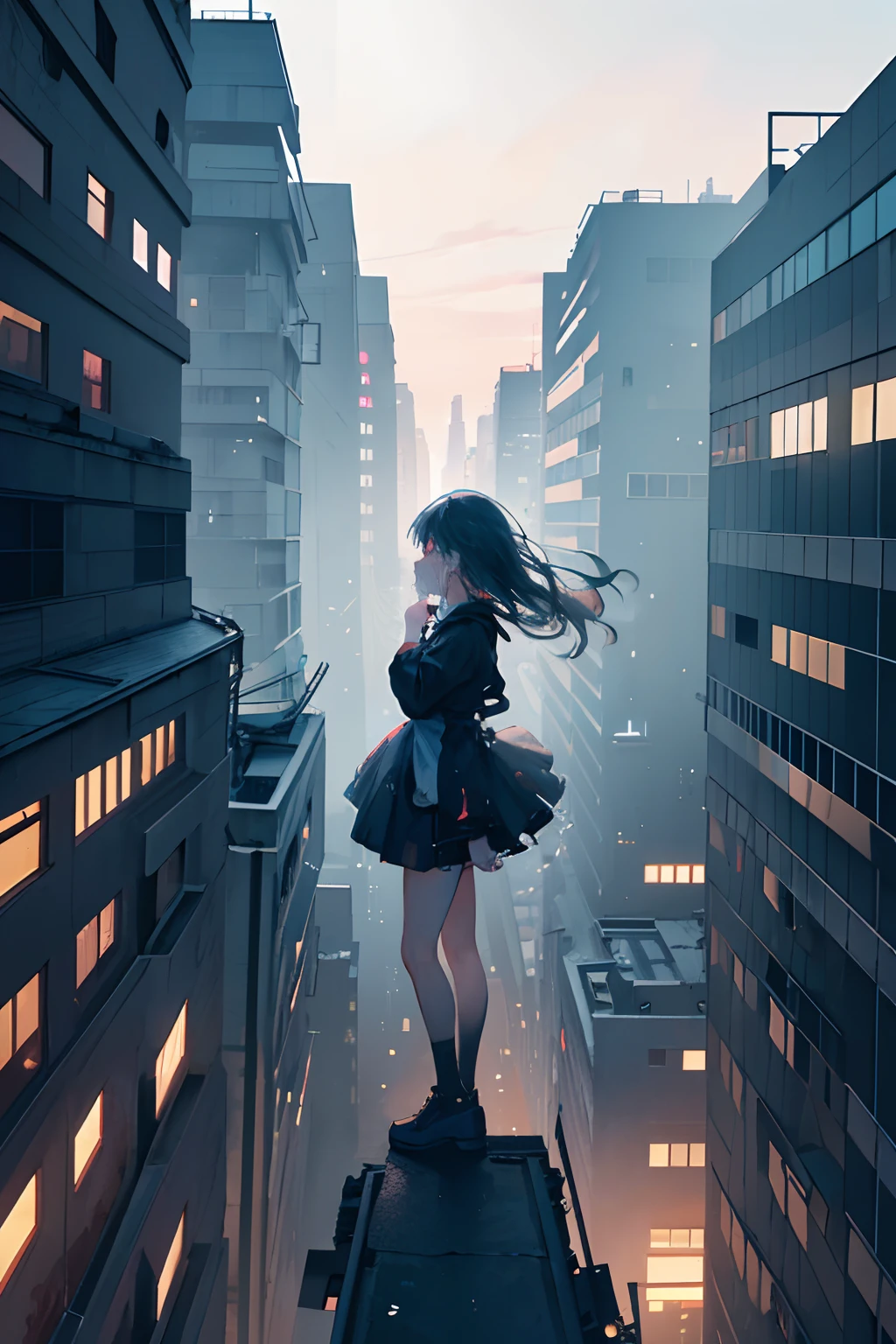 1girl, (((standing on top of a building on the edge))), looking down, (((crying))), tears falling down her face, dystopia, 8k, high quality, detailed face, detailed hands, depressing, sad, raining outside, (((nighttime)))
