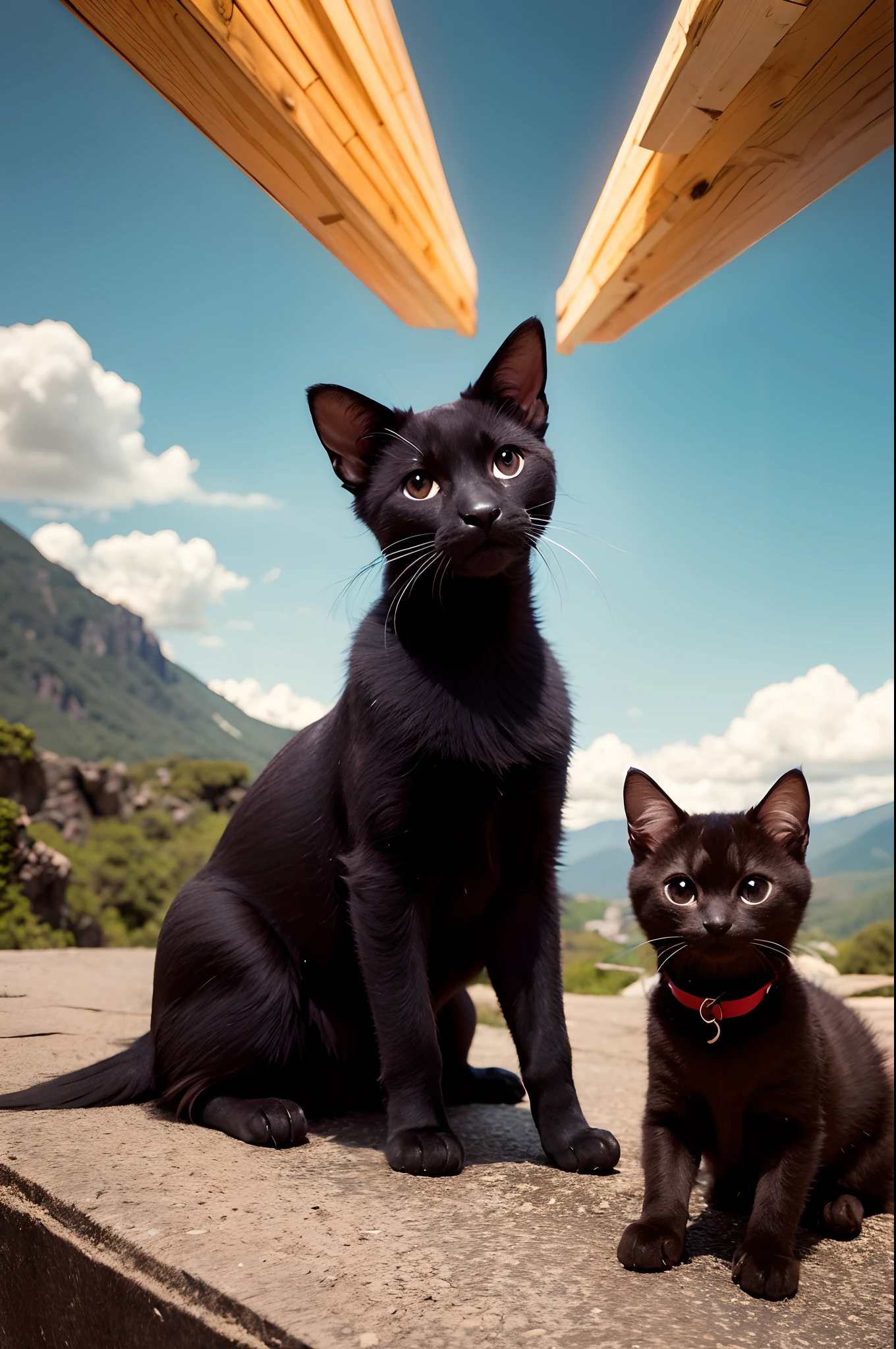 a Pixar movie poster with the title Lexi and Mew, Mew is a small female Siamese cat with white paws and blue eyes, Lexi is an all black female dog with medium length fur, brown eyes, a white chest, black snout and black face and paws, and floppy ears, they are playing in the mountains