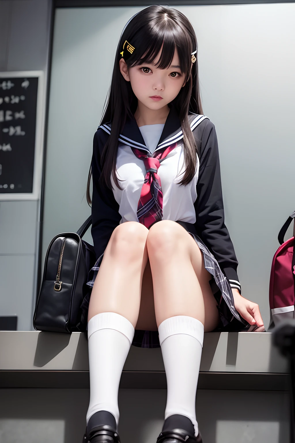 (raw photo:1.4), (photorealistic:1.3),(masterpiece), best quality, highest quality, extremely detailed CG unity 8k wallpaper, detailed and intricate, original,highres,
\\
1girl,solo,(),extremely detailed_eyes, fingernails,medium breasts,(eyeliner:0.5),(blush:0.5),black hair,long hair,hairclip, looking at viewer,NSFW,
\\
highschool,student,school uniform, sailor collar,bobby socks,school bag,skirt, plaid, plaid skirt,knees up,sitting,
\\
street, subway station, shop border, akihabara \(tokyo\), shibuya \(tokyo\), shinjuku \(tokyo\),
\\
beautifully detailed background,depth of field,loli,realistic:1.3,(ambient light:1),(neon lights:0.1),(HDR:1),(Studio Lighting:1.5),(pantyshot:1.2),from below,full body,