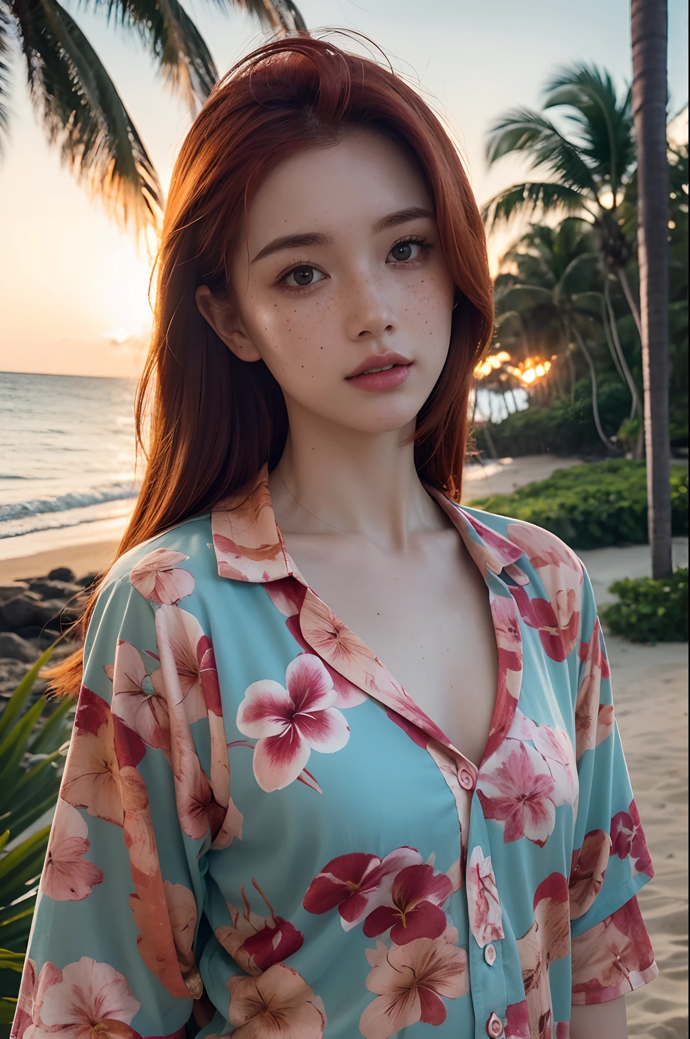 30 year old redhead 3/4 busts, Squint lens, A small number of freckles, Goosebumps in a Hawaiian shirt next to a coconut tree by the sea, Cinematic, faded colors, dark shot, pastel colour, grainy film, lute, Crazy details, Intricate details, ultra - detailed, Close-up, Sunset, Seductive pose