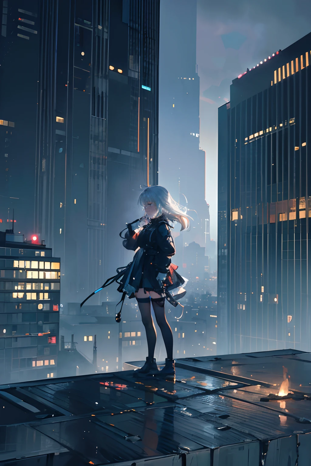 A woman standing on a rooftop in the rain with a gun - SeaArt AI
