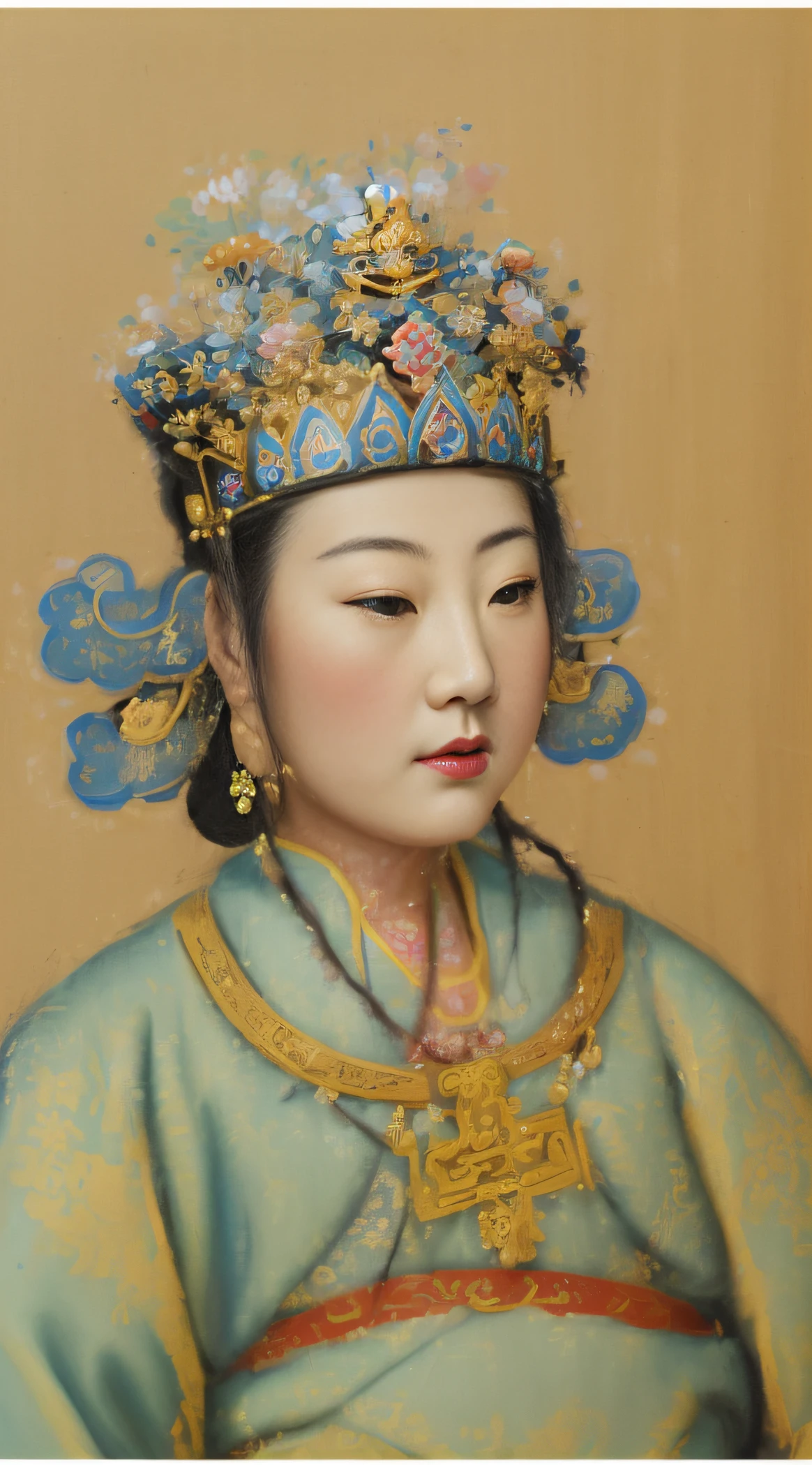 A close-up of a painting of a woman wearing a crown, chinese empress, kazakh empress, Tang dynasty, an ancient Chinese goddess, Song Dynasty, Princesa chinesa antiga, ancient chinese beauti, inspired by Tang Di, by Xuande Emperor, portrait of a young empress, Wearing ancient Chinese clothes, a young woman as genghis khan,