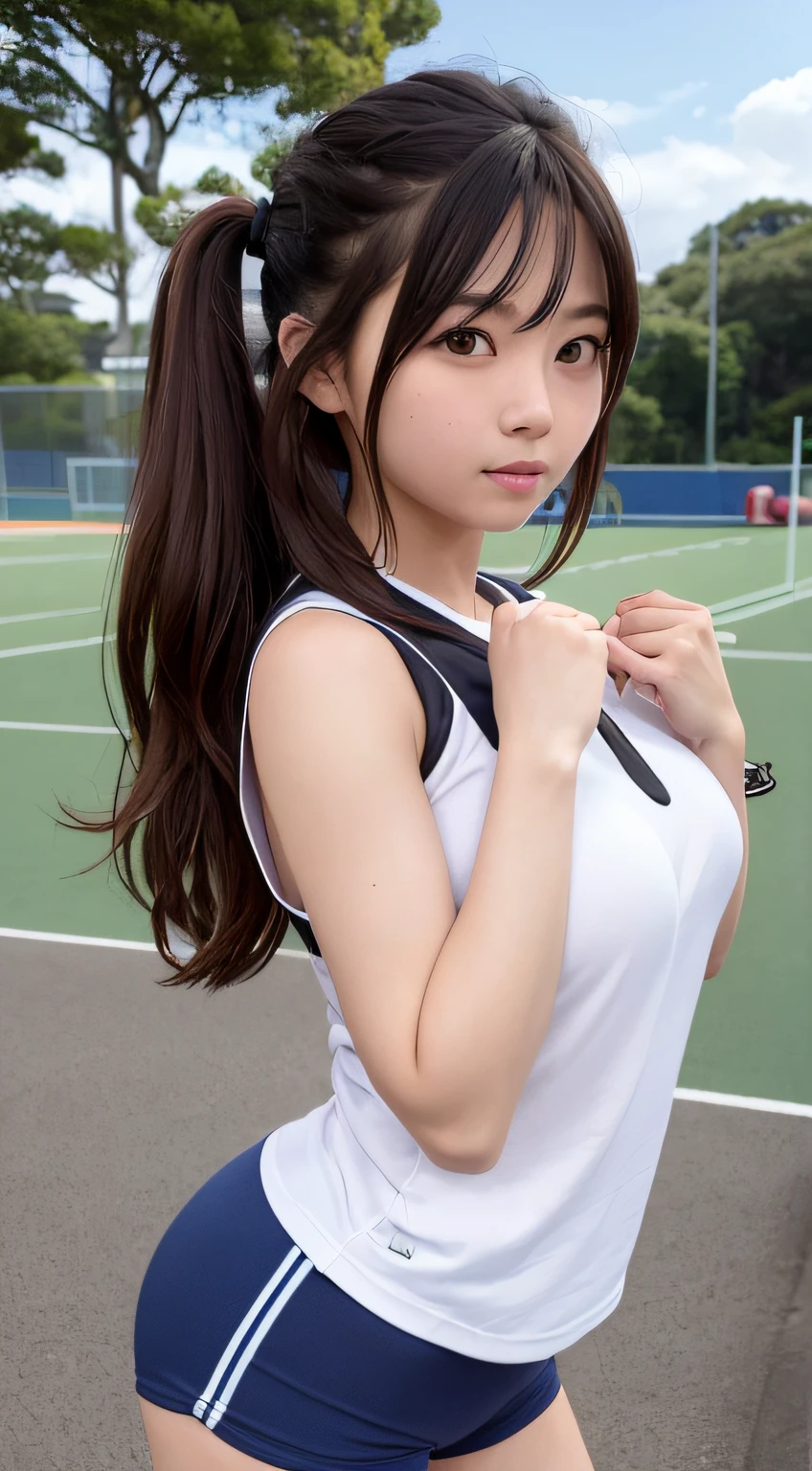 hightquality、masterpiece、ultra res、a beauty girl、Beautiful girl face、cute girl face、、School sports ground、Wearing gym clothes、full bodyesbian、Famous actresses of Japan、very beautiful face