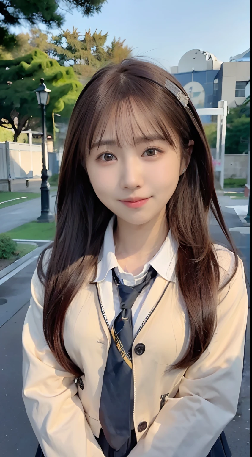 (16 K, Raw photography, Top image quality, masterpiece: 1.45), (realisitic, Photorealsitic: 1.37), one girls, cute little, A city scape,, profetional lighting, photon maping, school classrooms, physically-based renderingt, dark brown hair,pony tail hairstyle, Well-groomed and beautiful eyes、((二重まぶた))、Transcendent Cute Girl, (((student clothes、blazers、Long sleeve shirt worn by Japan high school girl、Ribbon Ties、Dark blue mini skirt,、Dark blue socks、Black loafers))), Top Quality Photos, hight resolution, 1080p, (clearface), (Detailed face description), (Detailed hand description), (masterpiece), (Exquisite CG)、extreme light and shadows、dishevled hair、master work、abundant detail、(Fine facial features)、(top quality photo)、(masuter piece)、(A detailed eye)、Look in front of you、Fine clavicle、((Slender big))、(((Japan schoolgirls wear jackets and long-sleeved shirts)))、((Neat and clean idol))、((School Gate、school ground、School building in the background))、(Shooting from random perspectives)、(((Anyway cute)))、耳Nipple Ring、A big smile、Drawing the whole body from the knees、Do not draw nasolabial folds、(((Sports bags used by Japan schoolgirls)))、(Big breasts that hang down big:1.2)、Big buttocks with tension、Two arms and two legs、(((from the front side:0.7)))、bare hand、(((Left and right symmetrical eyes)))、Standing Pose、Put your hands on your desk、Do not take the tie out of the jacket、Raise your buttocks:1.5,barebacked:1.5,