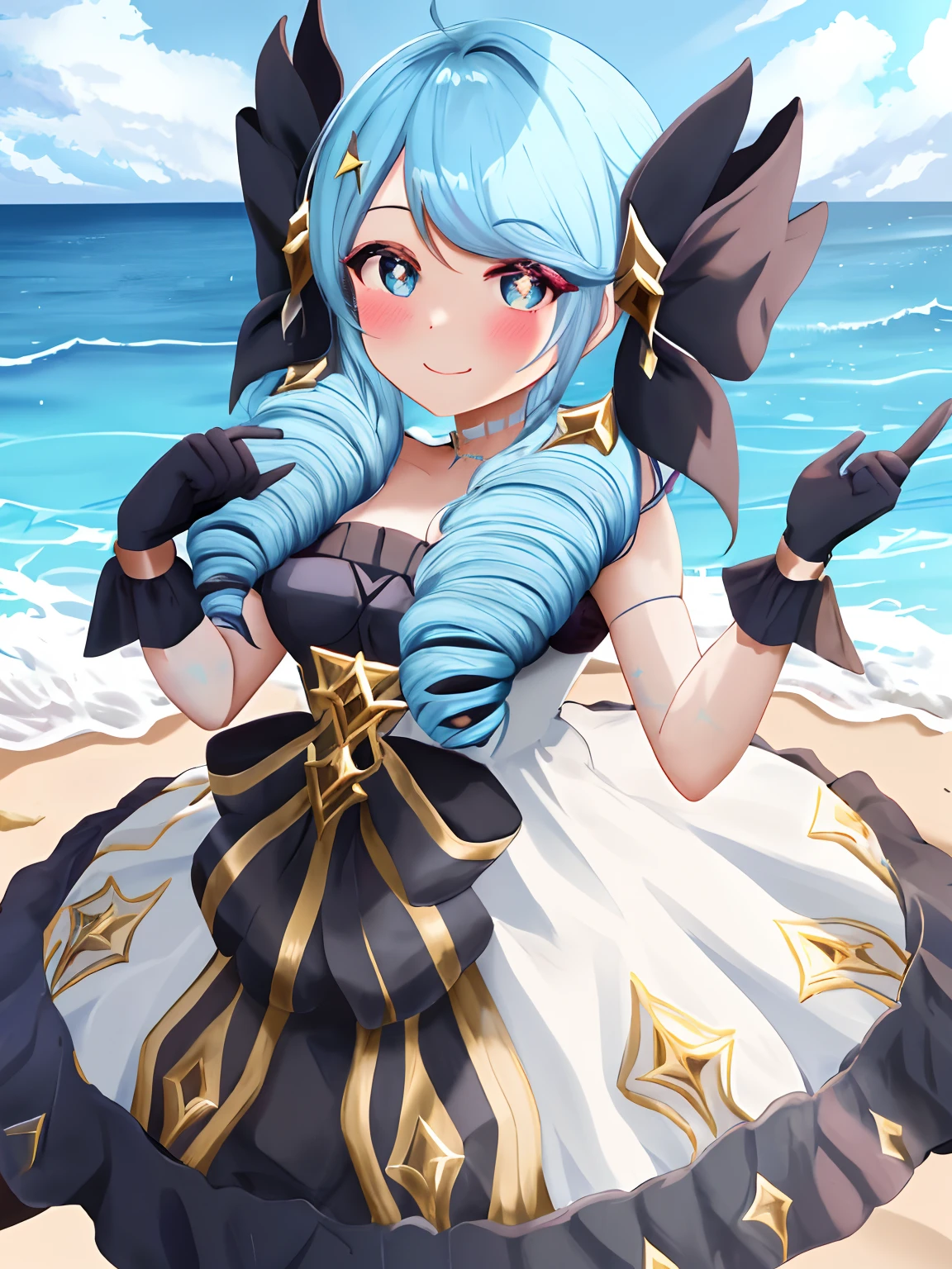 beach, 1girll, absurderes, Black bow, Black gloves, black sock, Blue eyes, Blue hair, bow, 鎖骨, dress, Drill hair, frill dress, frilld, mitts, Gwen \(League of Legends\), hair adornments, A high resolution, League of Legends, Long hair, parted lip, Puffy sleeves, Pink pupils, Smile, Solo, White dress, X, 10th Hair Accessories