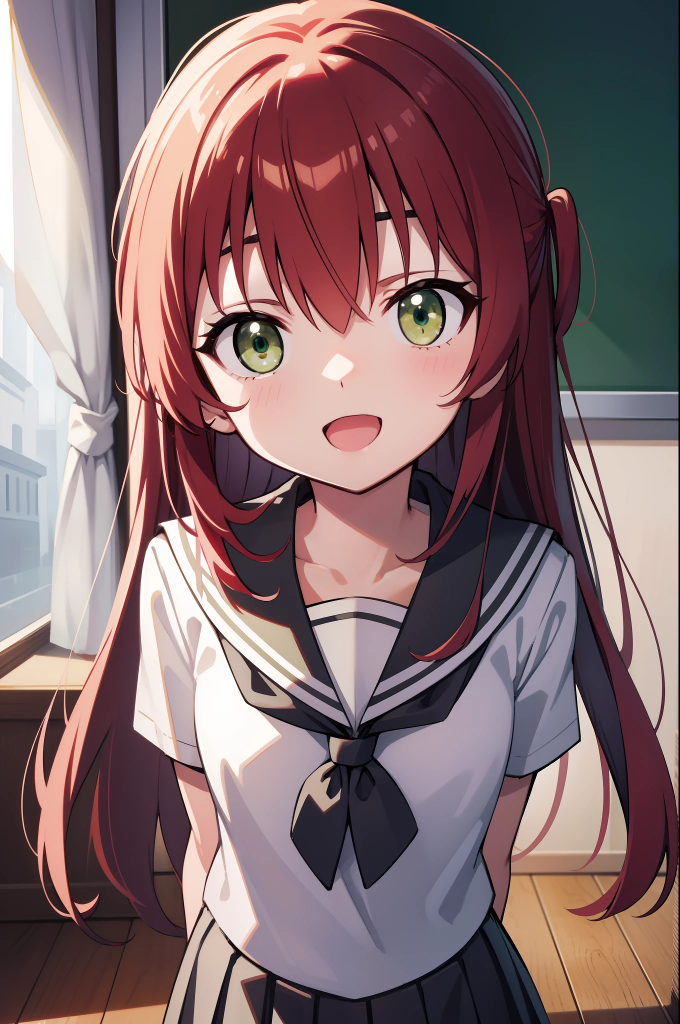 kitaikuyo, ikuyo kita, (green eyes:1.5), hair between eyes, long hair, one side up, red hair, (flat chest:1.2),
BREAK black footwear, black skirt, grey sailor collar, pleated skirt, sailor collar, school uniform, shoes, short sleeves, shuka high school uniform, skirt,,
BREAK looking at viewer,
BREAK indoors, classroom,
BREAK (masterpiece:1.2), best quality, high resolution, unity 8k wallpaper, (illustration:0.8), (beautiful detailed eyes:1.6), extremely detailed face, perfect lighting, extremely detailed CG, (perfect hands, perfect anatomy),up chest.put hands on the hip.big breasts.smile.open mouth.