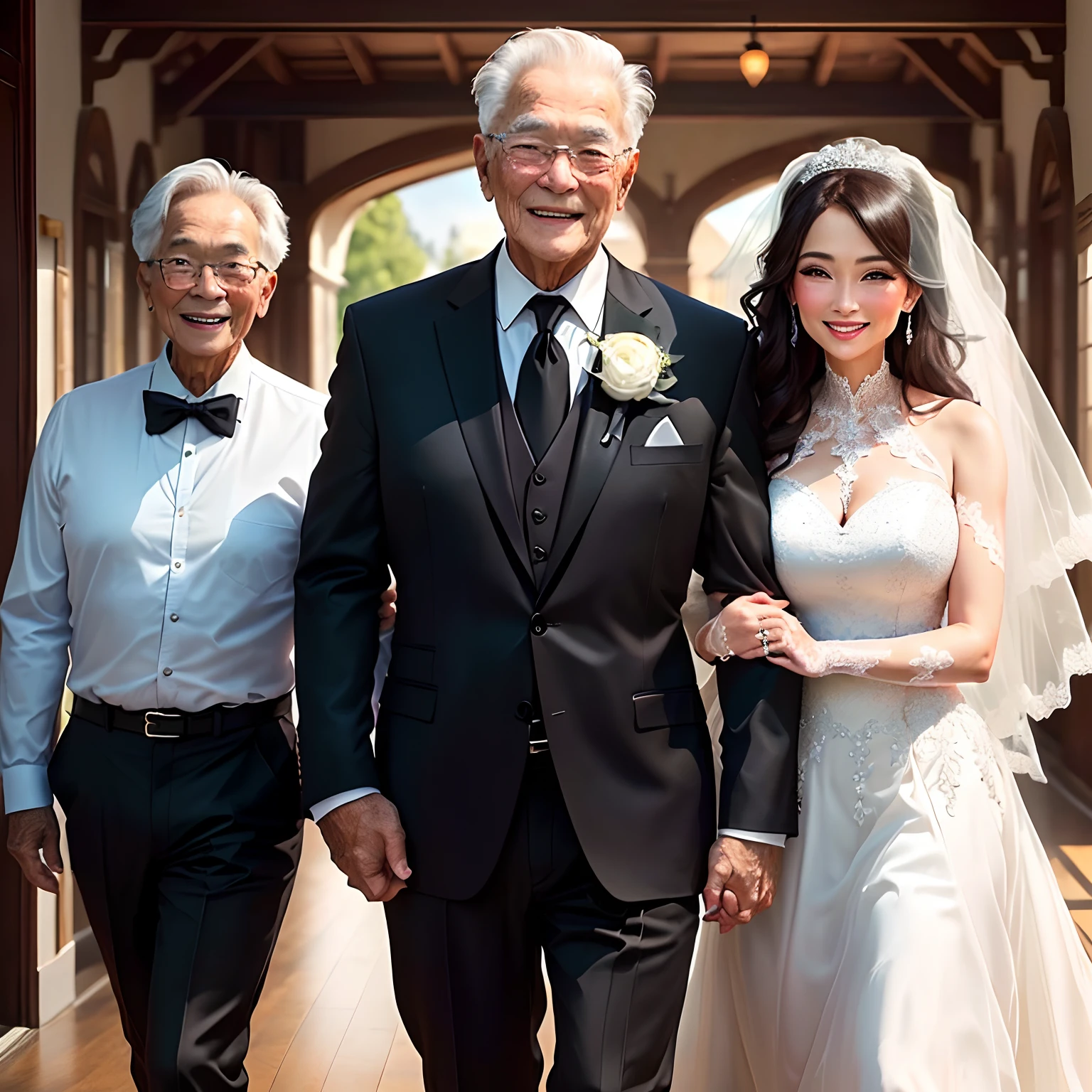 korean young girl bride and korean old man groom having a deep kiss in the wedding hall, crowded guest, 20 years old korean young girl and 60 years old korean old man, lovely couple, happy couple, kissing, wedding photo, wedding, couple portrait, realistic, old man hugging on young girl's chest, (((girl nude))), girl wearing garter belt and white lace wedding veil and white lace gloves, (((girl no dress))),