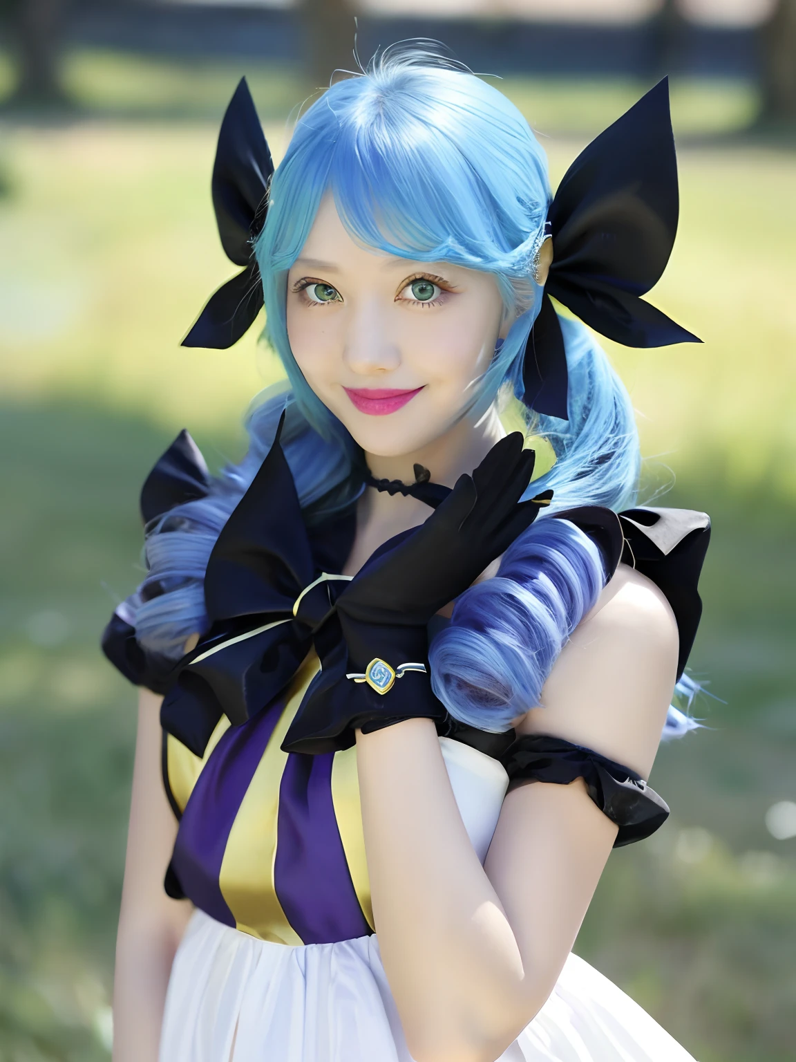 sky, Grass, Field, Night, 1girll, absurderes, Black bow, Black gloves, black sock, Blue eyes, Blue hair, bow, 鎖骨, dress, Drill hair, frill dress, frilld, mitts, Gwen \(League of Legends\), hair adornments, A high resolution, League of Legends, Long hair, parted lip, Puffy sleeves, Purple pupils, Smile, Solo, White dress, X, 10th Hair Accessories