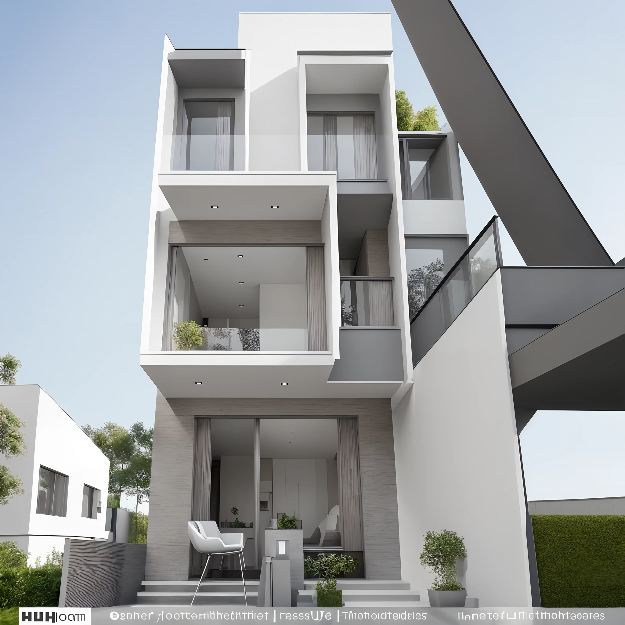 Modern 3-storey townhouse exterior, (white wall: gray: 0.3), masterpiece, (photorealistic: 1.2), best quality, ultra high resolution, architecture, exterior, glass windows, glass balcony railing,road,,realistic super detailed rendering style, uhd 32k,composite building,daylight,Vray,