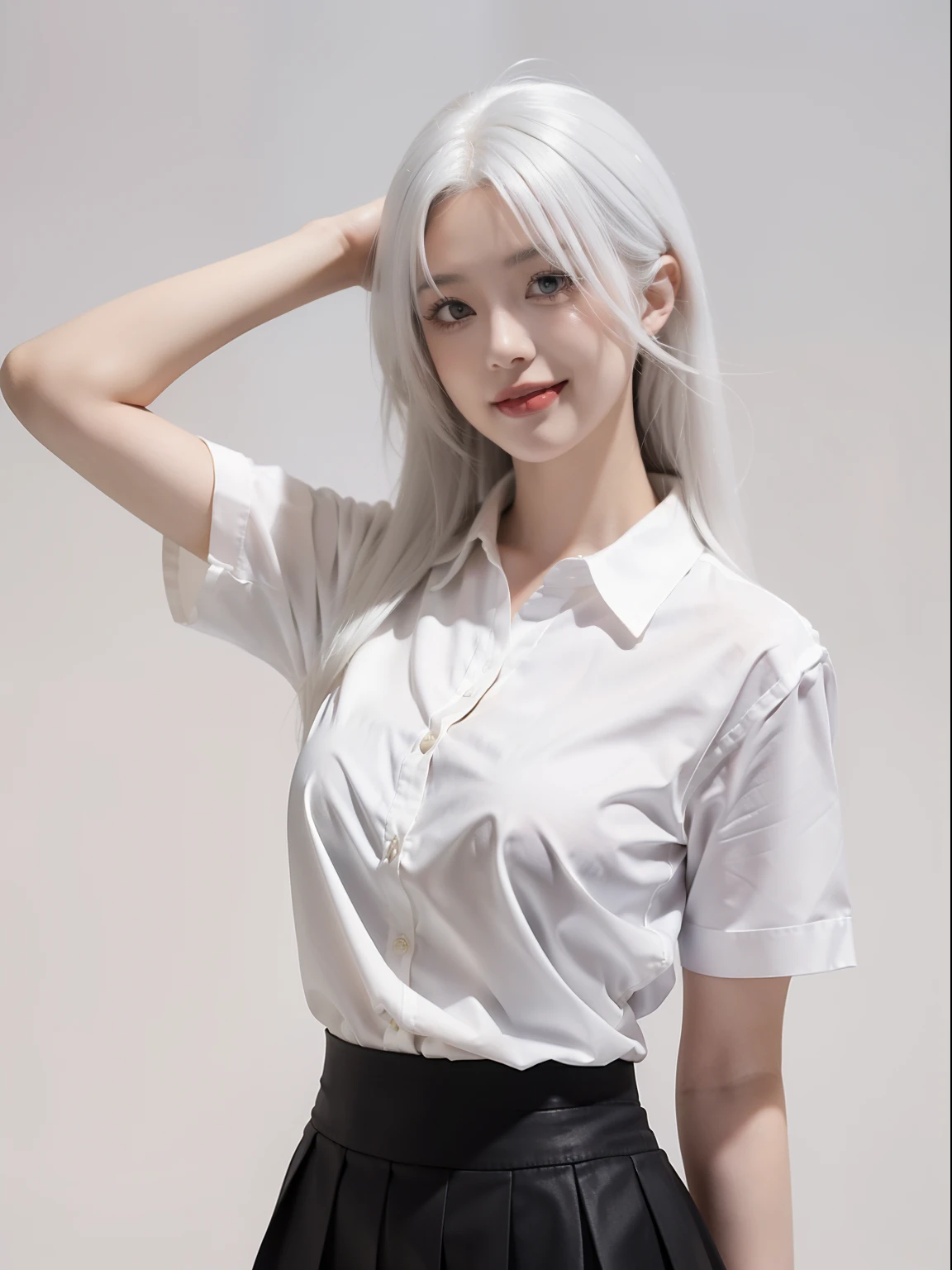 ((masterpiece, best quality)), (1girl), (solo), (female focus), (ahoge, white hair, very long hair), gold eyes, light smile, open mouth, ((white shirt), (buttoned shirt), (button gap)), ((black skirt), (short skirt)), standing, white background, arms behind back, dynamic angle,