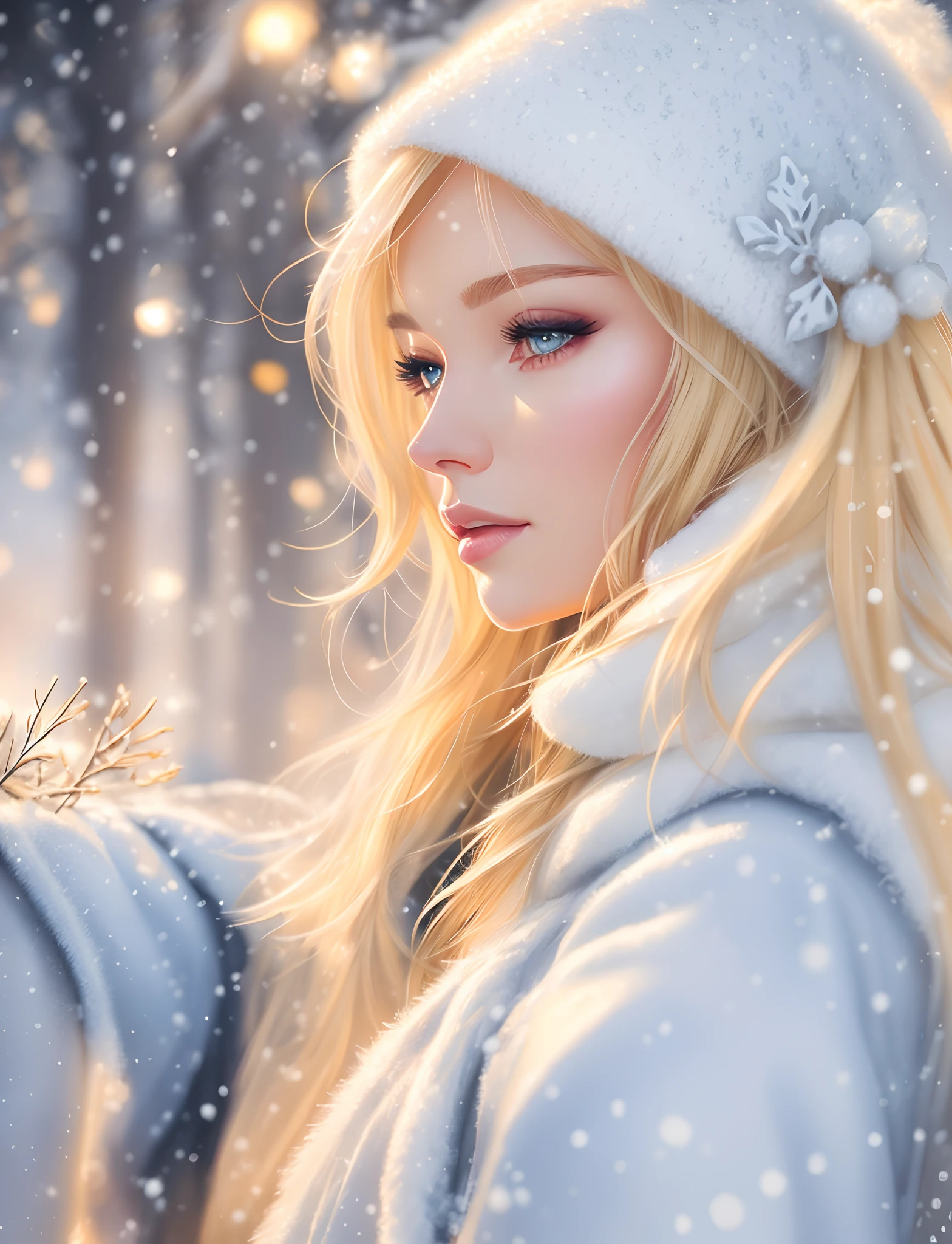 blond woman in winter clothing looking at camera with snow falling, beautiful digital artwork, realistic digital art 4 k, realistic digital art 4k, gorgeous digital painting, 8k artgerm bokeh, beautiful digital painting, stunning digital illustration, cgsociety portrait, realistic digital painting, realistic cute girl painting, stunning digital painting, cinematic realistic portrait, beautiful digital illustration