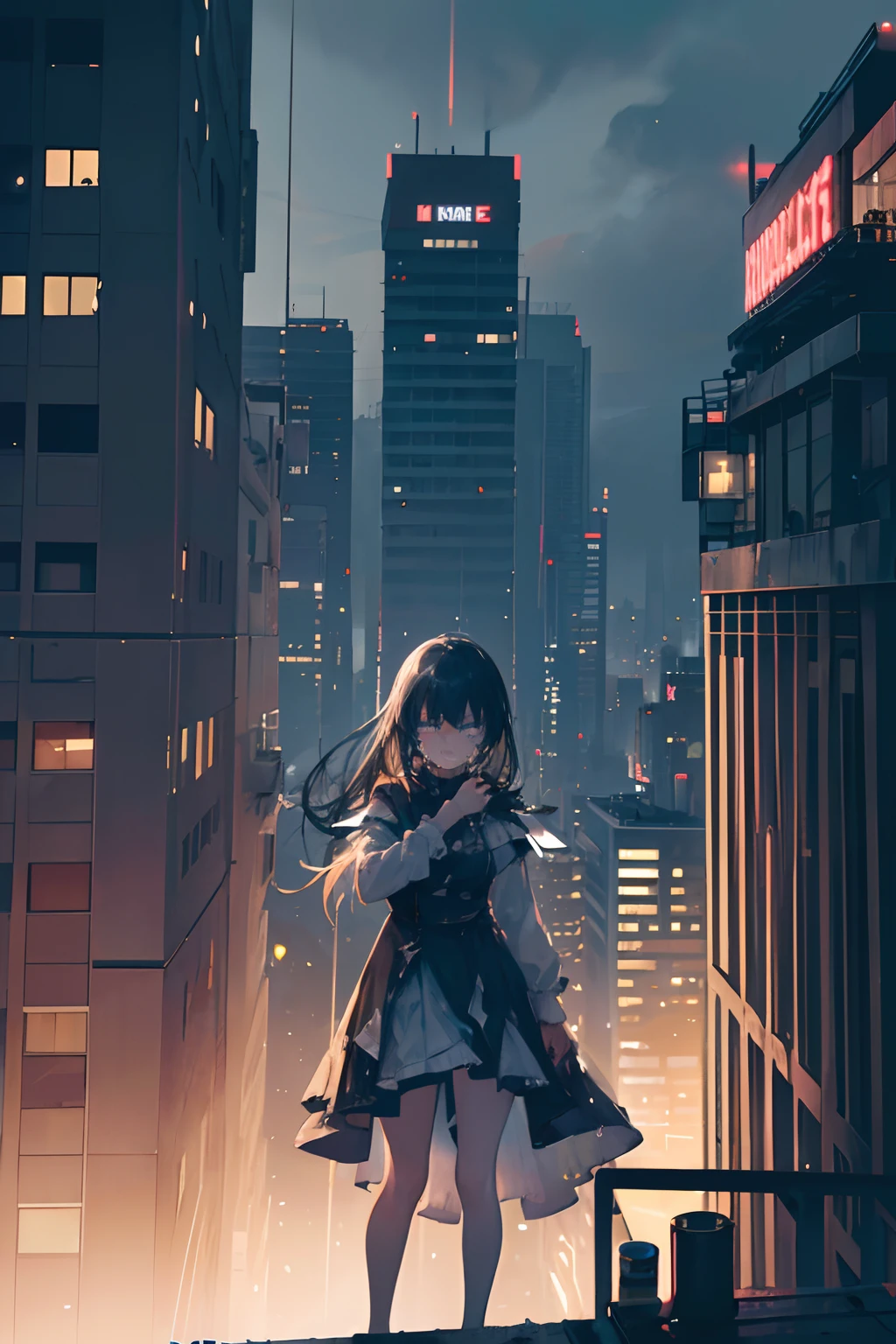 1girl, (((standing on top of a building on the edge))), looking down, (((crying))), tears falling down her face, dystopia, 8k, high quality, (((detailed face))), detailed hands, depressing, sad, raining outside, (((nighttime))), up close