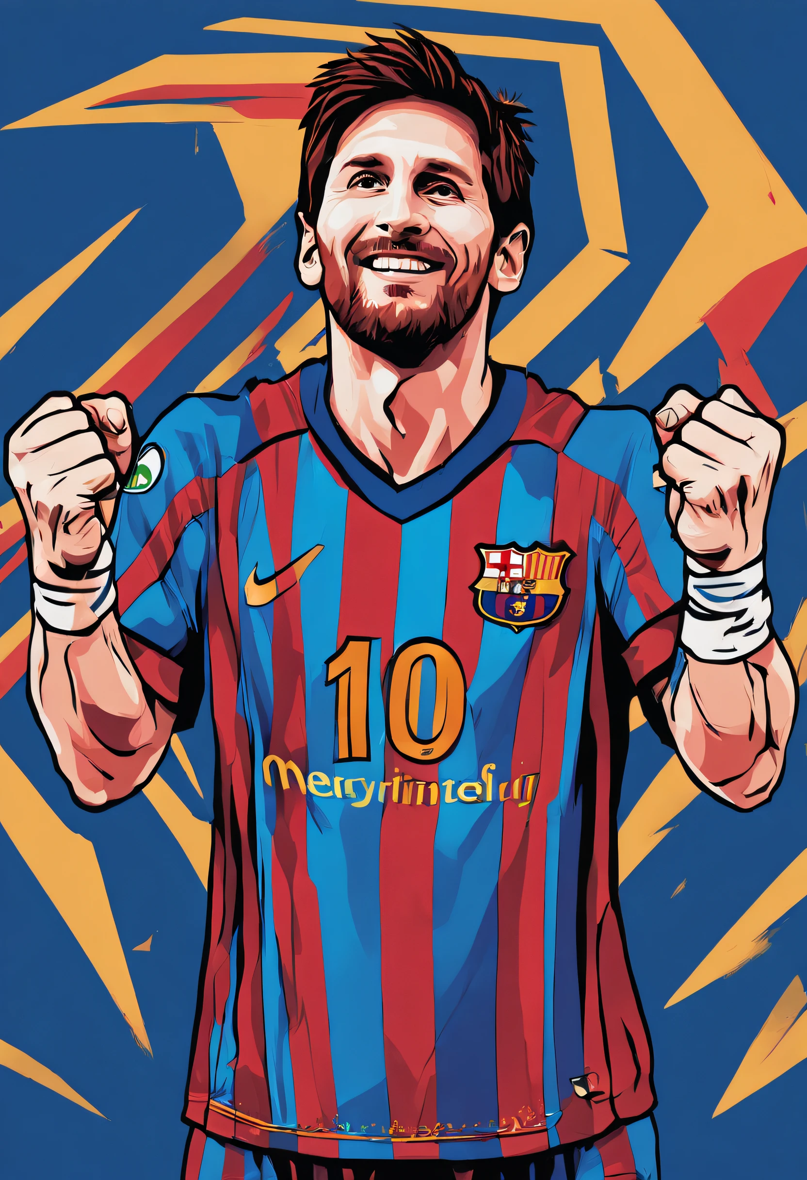 （A vivid image of a footballer celebrating a goal）, Raise your right hand into a fist above your head, （The left hand hangs naturally）, （Lionel Messi）, Lionel Messi wears a blue jersey, There are numbers 10 on the jersey, Portrait of Lionel Messi, （American retro anime style）, Modern times, （Positive perspective）, god rays, negative space, 16k, 8k