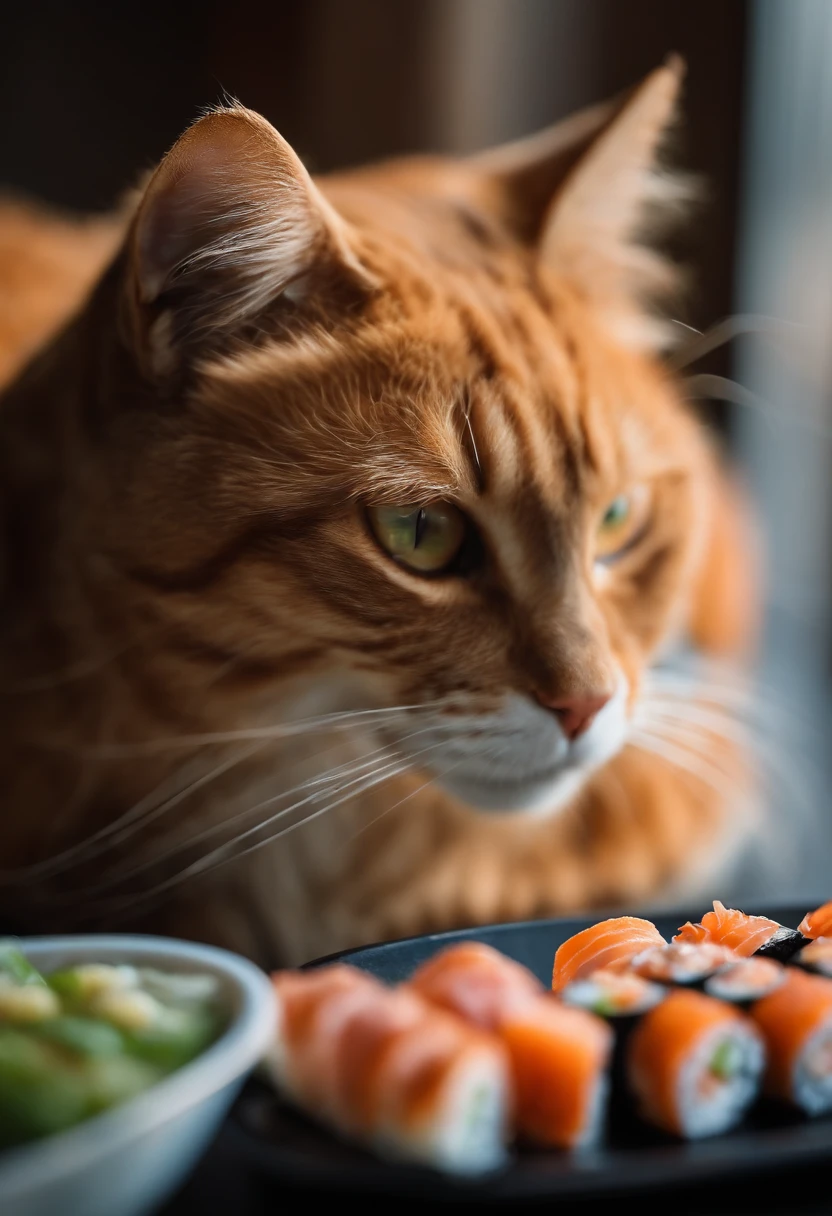 A photo of a cat made out of sushi roll, cinematic, fujifilm, RTX, bokeh