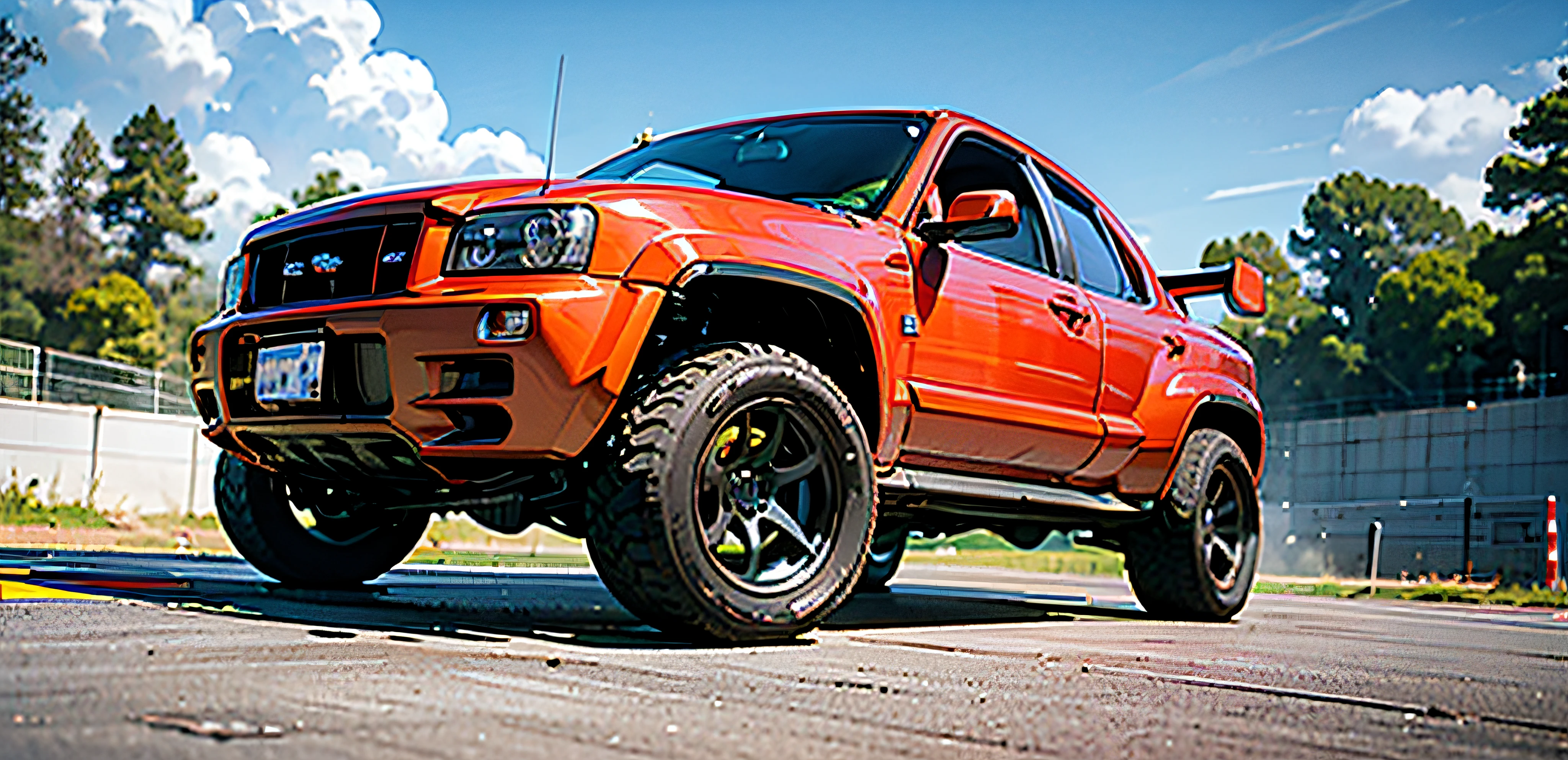 (巨作,Best quality)),Ultra-detailed, 4K, A high resolution, Cinematic, widebody sports car, Vehicle focus, The green jeep rushes off the track, with blue sky and white clouds,Strong perspective,Bump into the screen，Orthogonal diagrams （RAW photos：1.2），（realisticlying：1.4），（tmasterpiece：1.3），（best qualtiy：1.4），超A high resolution，8K分辨率，