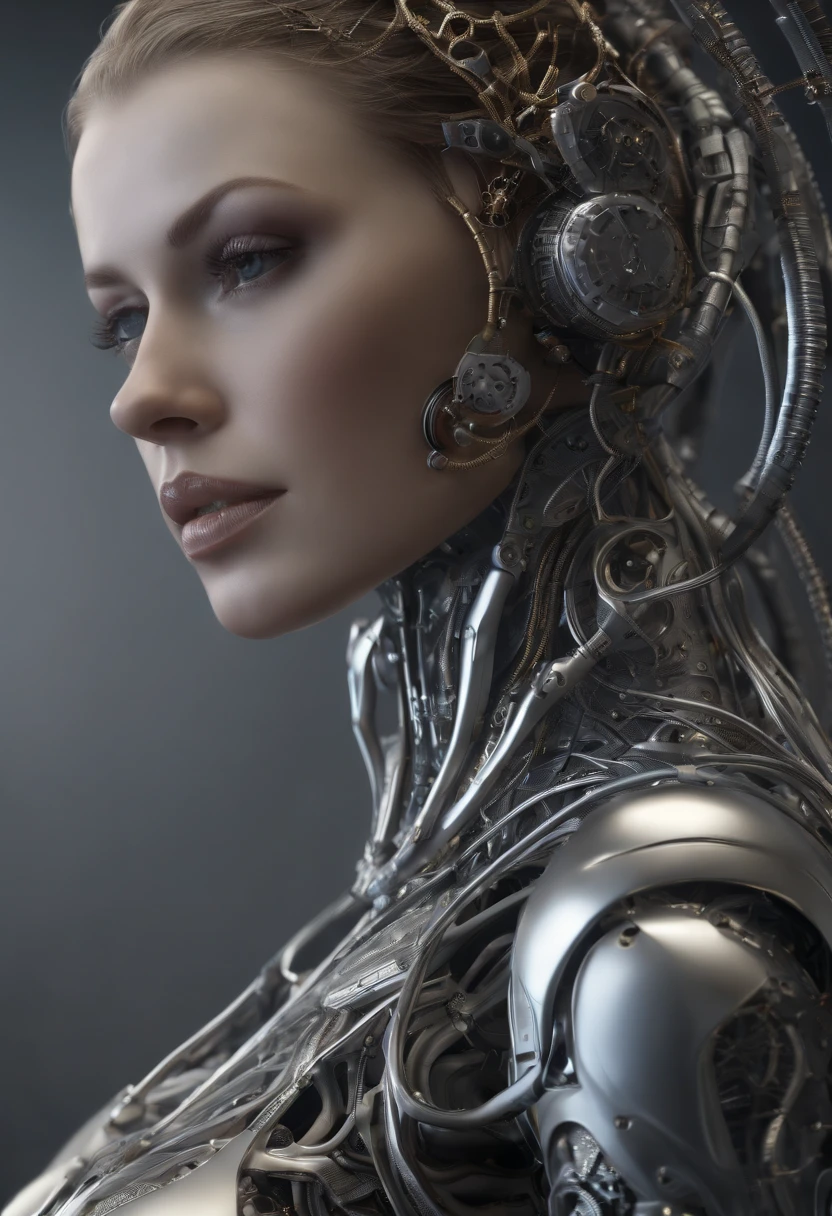 complex 3d render ultra detailed of a beautiful porcelain profile woman android face, cyborg, robotic parts, 150 mm, beautiful studio soft light, rim light, vibrant details, luxurious cyberpunk, lace, hyperrealistic, anatomical, facial muscles, cable electric wires, microchip, elegant, beautiful background, octane render, H. R. Giger style, 8k, best quality, masterpiece, illustration, an extremely delicate and beautiful, extremely detailed ,CG ,unity ,wallpaper, (realistic, photo-realistic:1.37),Amazing, finely detail, masterpiece,best quality,official art, extremely detailed CG unity 8k wallpaper, absurdres, incredibly absurdres,  robot, silver halmet, full body, sitting