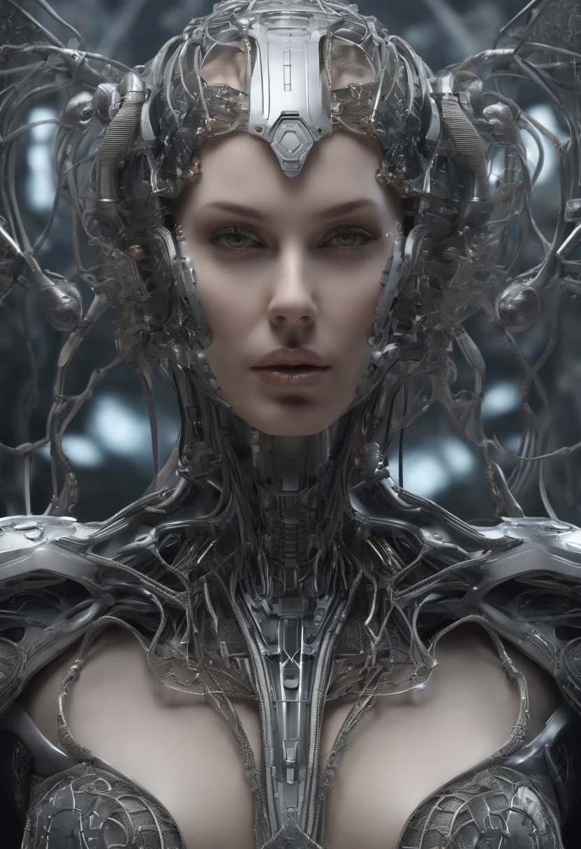 complex 3d render ultra detailed of a beautiful porcelain profile woman android face, cyborg, robotic parts, 150 mm, beautiful studio soft light, rim light, vibrant details, luxurious cyberpunk, lace, hyperrealistic, anatomical, facial muscles, cable electric wires, microchip, elegant, beautiful background, octane render, H. R. Giger style, 8k, best quality, masterpiece, illustration, an extremely delicate and beautiful, extremely detailed ,CG ,unity ,wallpaper, (realistic, photo-realistic:1.37),Amazing, finely detail, masterpiece,best quality,official art, extremely detailed CG unity 8k wallpaper, absurdres, incredibly absurdres, robot, silver halmet, full body, sitting