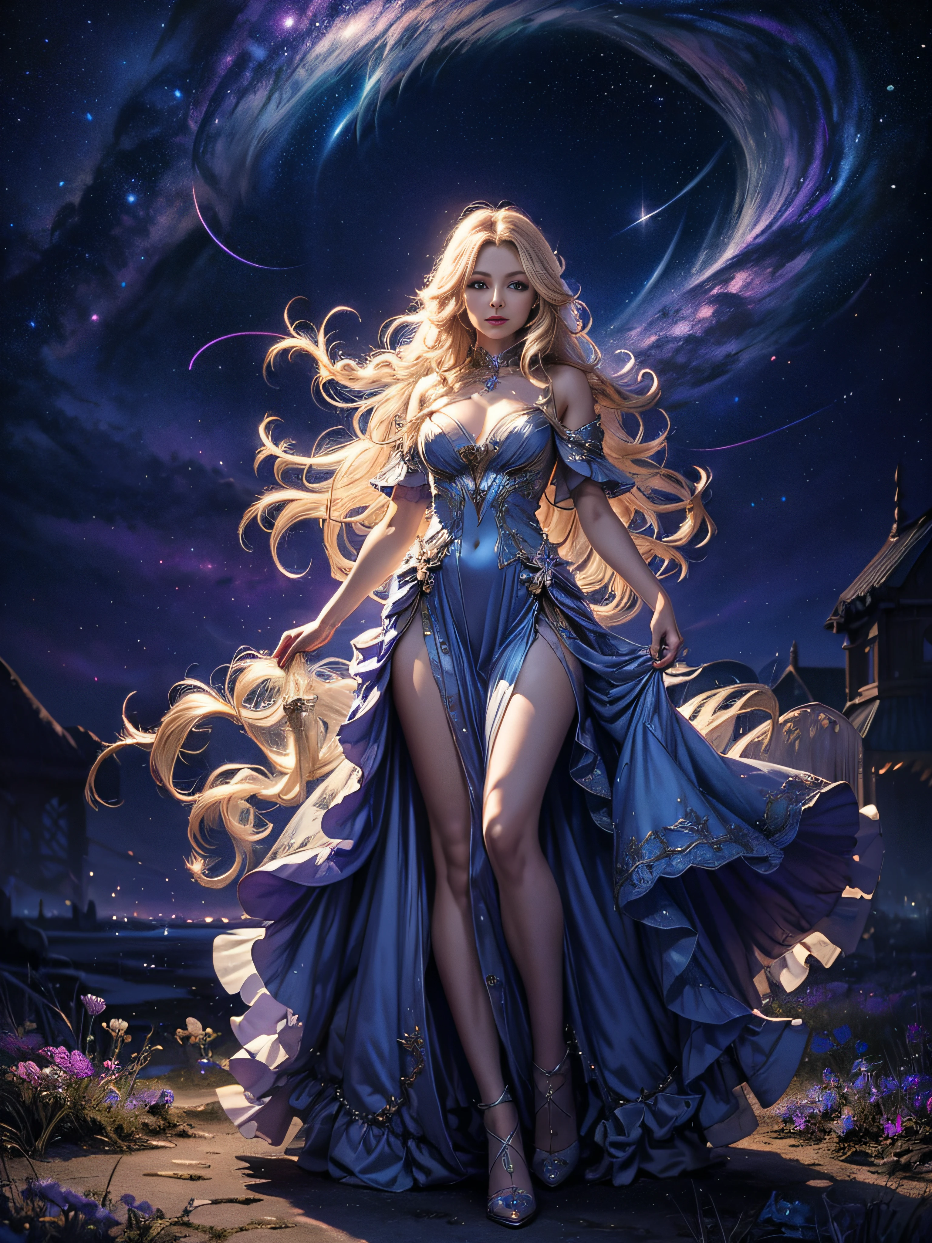 full body beautiful blonde long wavy hair fairy woman floating in airy purple blue rose dress holding magic wand in front of starry sky, very fine details photorealistic