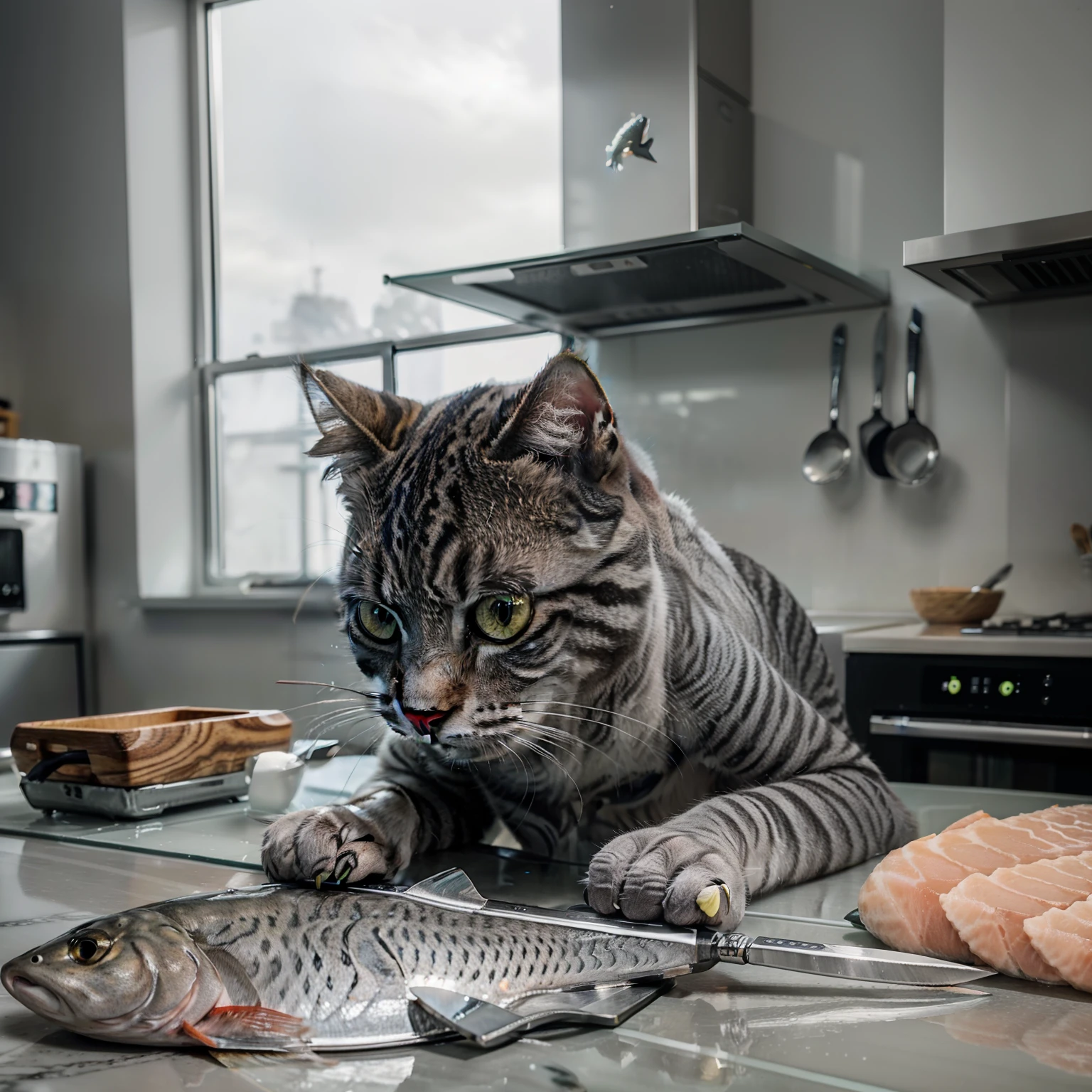 close-up photography of (grey tabby cat:1.2) (cuts the fish with a knife on the table:1.2), (c4ttitude:1.3), in glasstech kitchen, hyper realistic, intricate detail, (foggy:1.1), pov from below