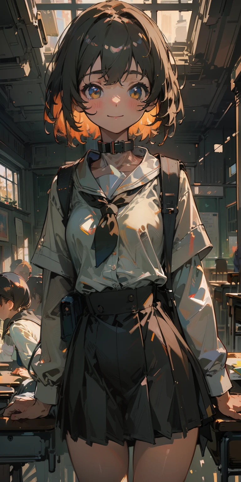 `(best quality, ultra-detailed, masterpiece:1.2), (impressionism:1.3), 1girl, light smile, school uniform, classroom, indoor, school bag, light rays, glow, thighs, collar, narrow waist, soft brushstrokes, natural light`