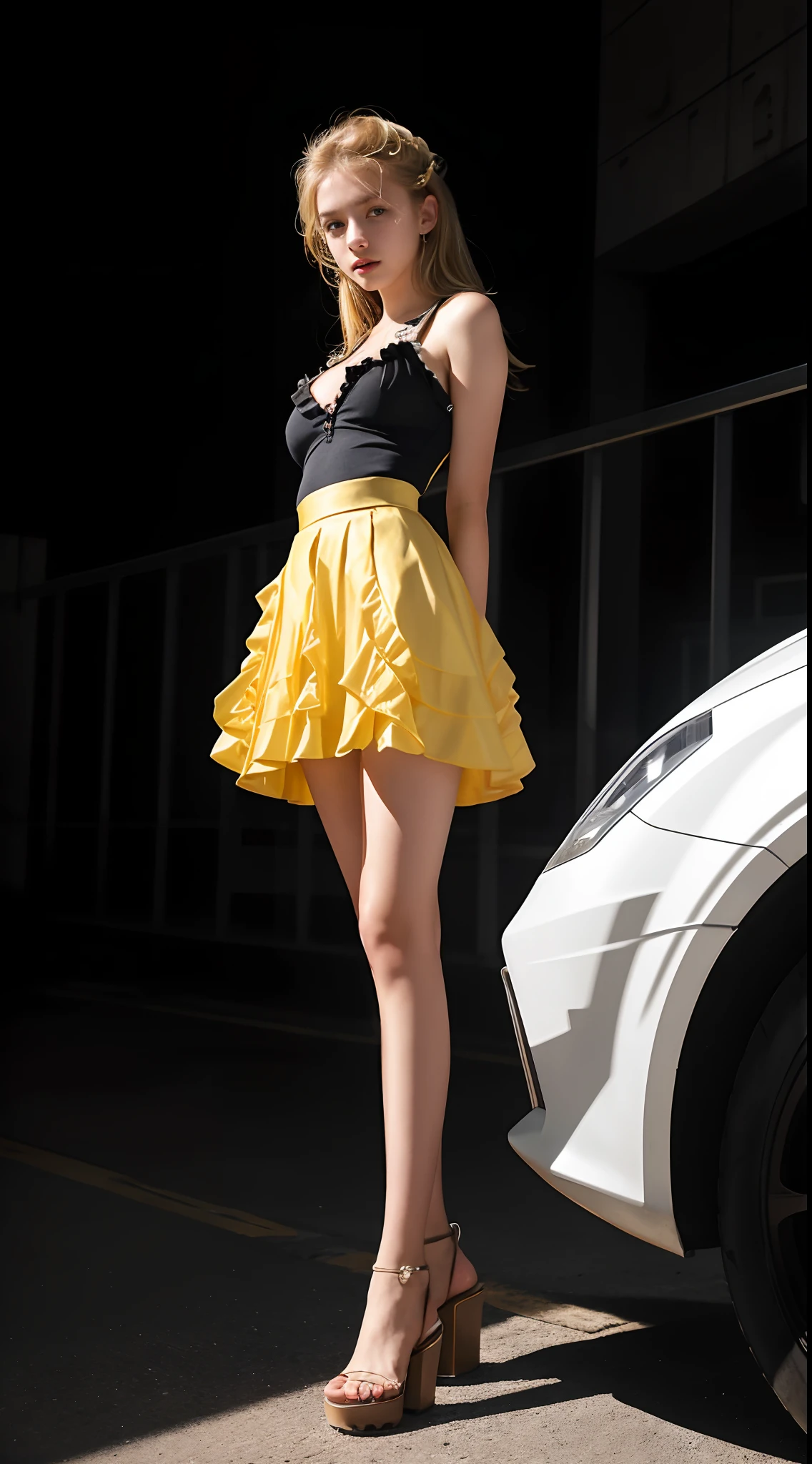 16 year old pre-teen, cyborg, blonde, small breasts, big eyes, close-up on breasts, bare breasts, tiny ruffled skirt, heeled sandals, long legs, cybernetic arms, metal and wires on arms, full body, ray tracing , HDR