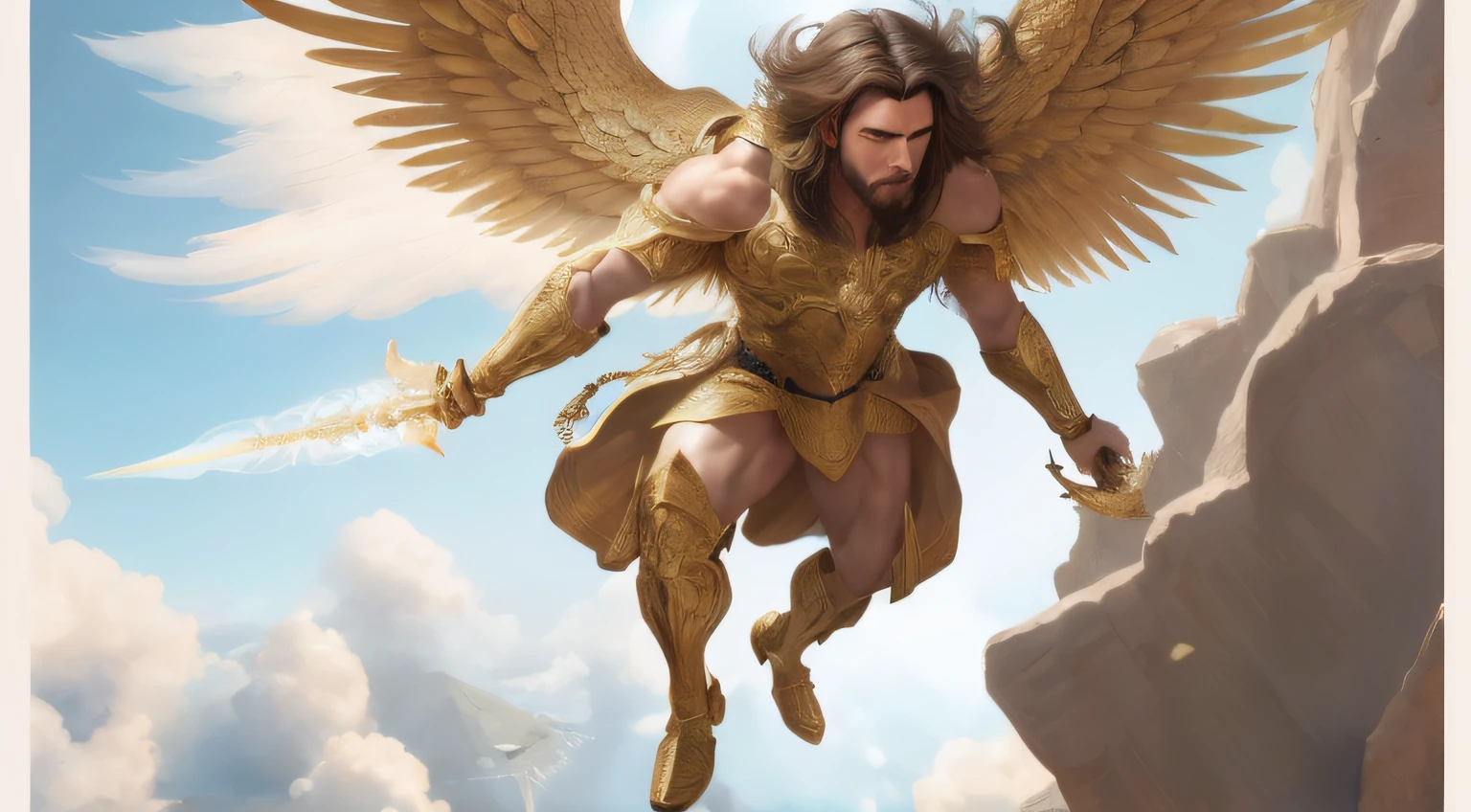 Imagem de um homem Com uma espada e asas voando sobre um penhasCo, Armadura Dourada AngeliCal, arCanjo, Anjo majestoso de Corpo inteiro, ArCanjo Miguel, Mito grego pintura digital, humano alado, biblical accurate angel, j. C. LeyendeCker 8 K, anjo protegendo o homem, Serafim, luis ricardo falero