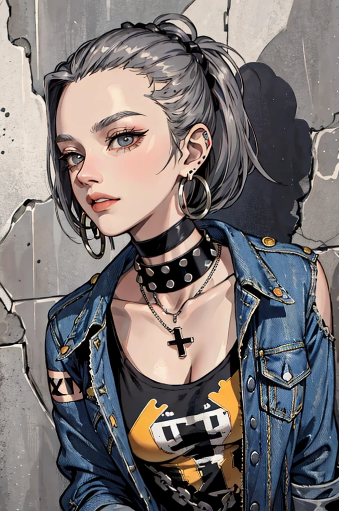 (masterpiece:1.2, best quality), (1lady, solo, upper body:1.2), Hair: buzz cut, Clothing: oversized, distressed denim jacket with patches and pins, paired with black skinny jeans and combat boots, Accessories: silver hoop earrings and a black choker necklace, Hanging out in an underground music venue or street art exhibit