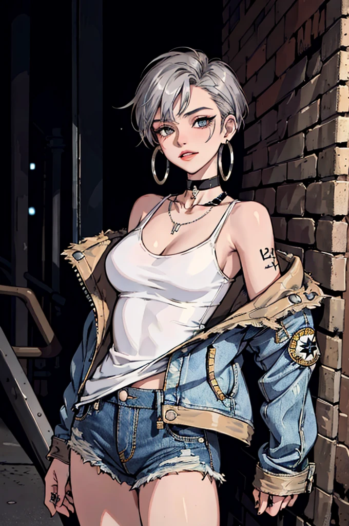 (masterpiece:1.2, best quality), (1lady, solo, upper body:1.2), Hair: buzz cut, Clothing: oversized, distressed denim jacket with patches and pins, paired with black skinny jeans and combat boots, Accessories: silver hoop earrings and a black choker necklace, Hanging out in an underground music venue or street art exhibit