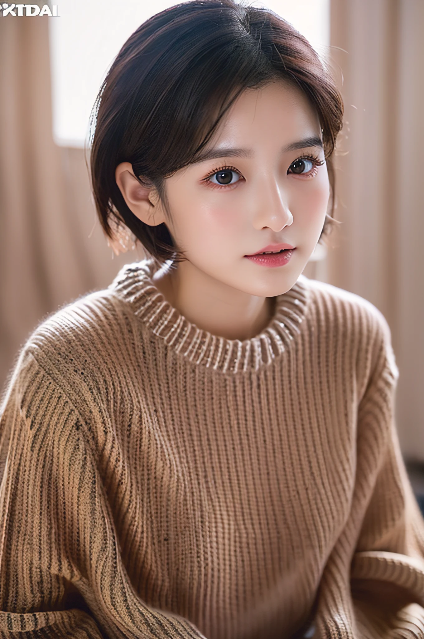 8K、top-quality、A hyper-realistic、(Photorealsitic:1.37)、hight resolution、1girl in、(Sweaters:1.5)、(short-hair:1.3)、(Skindentation)、(profetional lighting)、(huge tit:1.3)、The ultra-detailliert、(shinny skin:1.25)、(plumw:1.25)、(light particules、lensflare、Luminous particles:0.6)、Soft lighting、girl's room、(small head:1.47)、pureerosface_v1、No makeup
