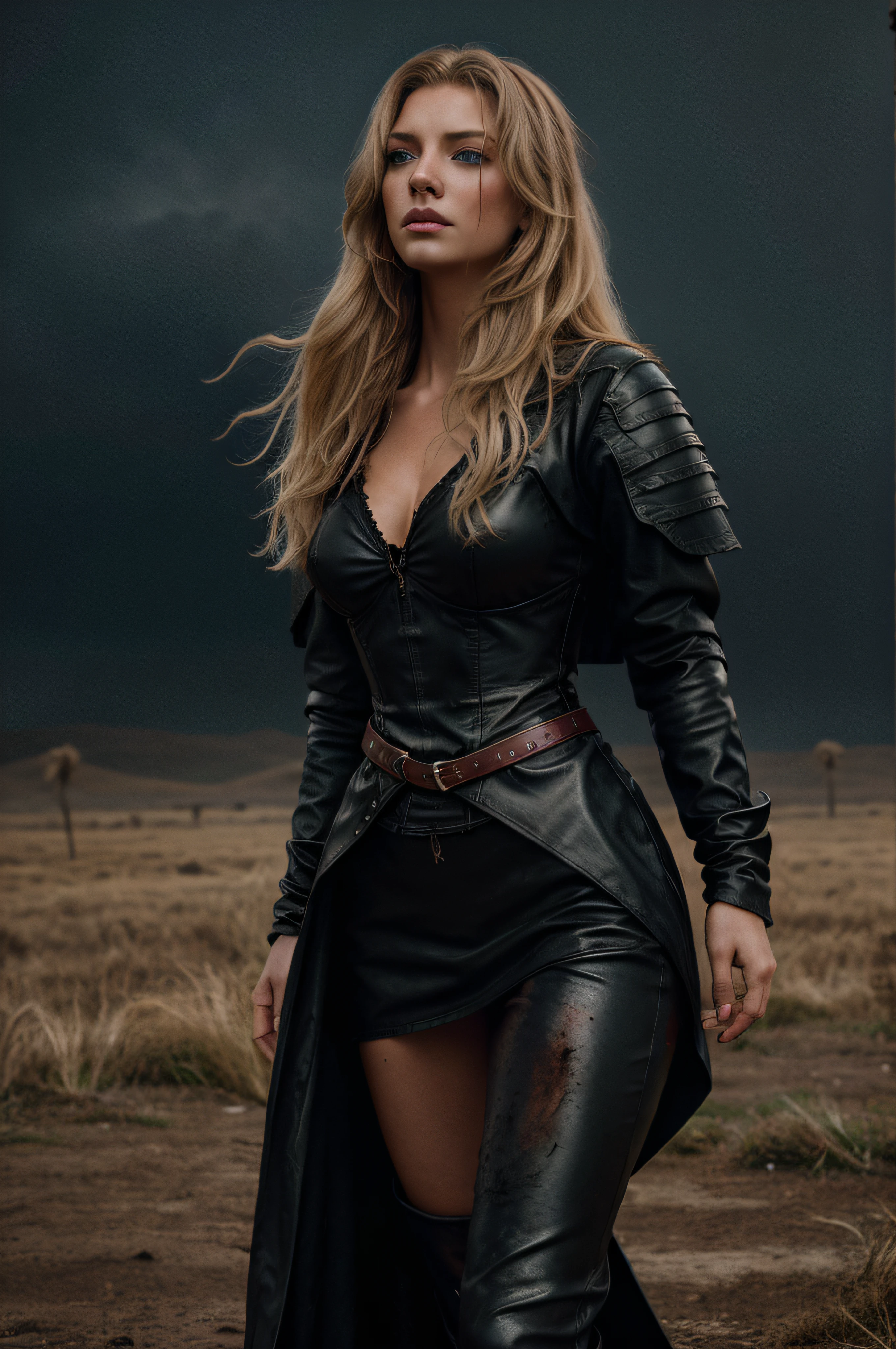 Group of 3 beautiful young female knights, full length, bombers, wearing black 17th century knight armor, standing on a deserted battlefield, clothes torn, stained with red paint, night, starry storm, rain, fog, eerie lighting, very long blond hair, blue eyes, full red lips, fair skin, hair blowing in the wind, ultra-realistic skin texture, sensual curves, sensual gaze, high quality, cinematic, photorealistic, lifelike, high-resolution, extremely intricate details, dark and gloomy mood, frog perspective canon 5D mark IV, 35mm, f/1.4, iso 100 8k