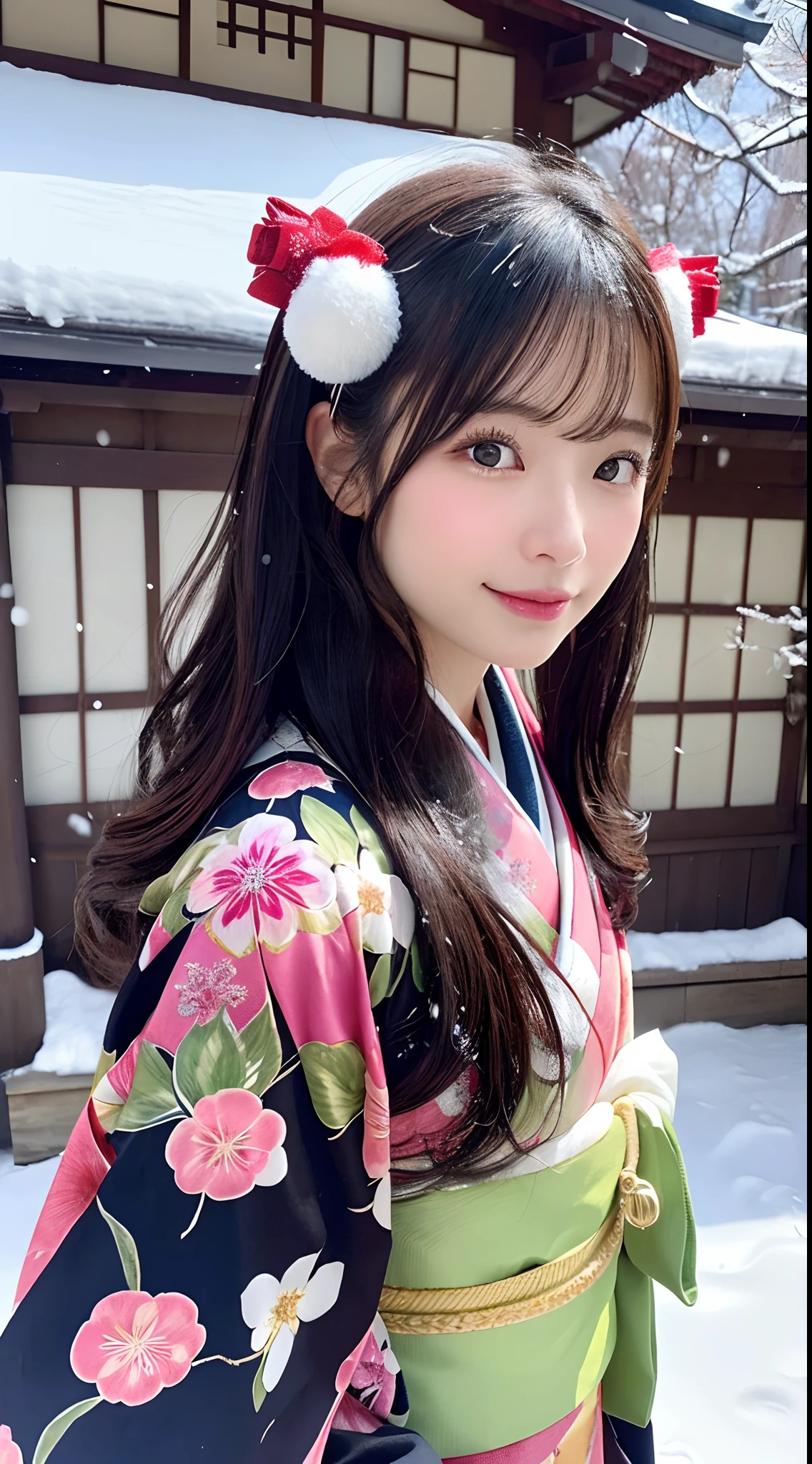(Kimono)、、(top-quality,masterpiece:1.3,超A high resolution,),(ultra-detailliert,Caustics),(Photorealsitic:1.4,RAW shooting,)Ultra-realistic capture,A highly detailed,high-definition16Kfor human skin、 Skin texture is natural、、The skin looks healthy with an even tone、 Use natural light and color,One Woman,japanes,,kawaii,A dark-haired,Middle hair,(depth of fields、chromatic abberation、、Wide range of lighting、Natural Shading、)、、(Falling snow:1.2)、(Hair swaying in the wind:1.2)、(Snow reflects light:1.2)、Back lighting、Slightly open mouth、Surprised look、Happy expression、Facing the front、Fancy Hair Set、Wearing a scarf over his head、Wearing an ornament on the head、Japan Traditional Hair Set