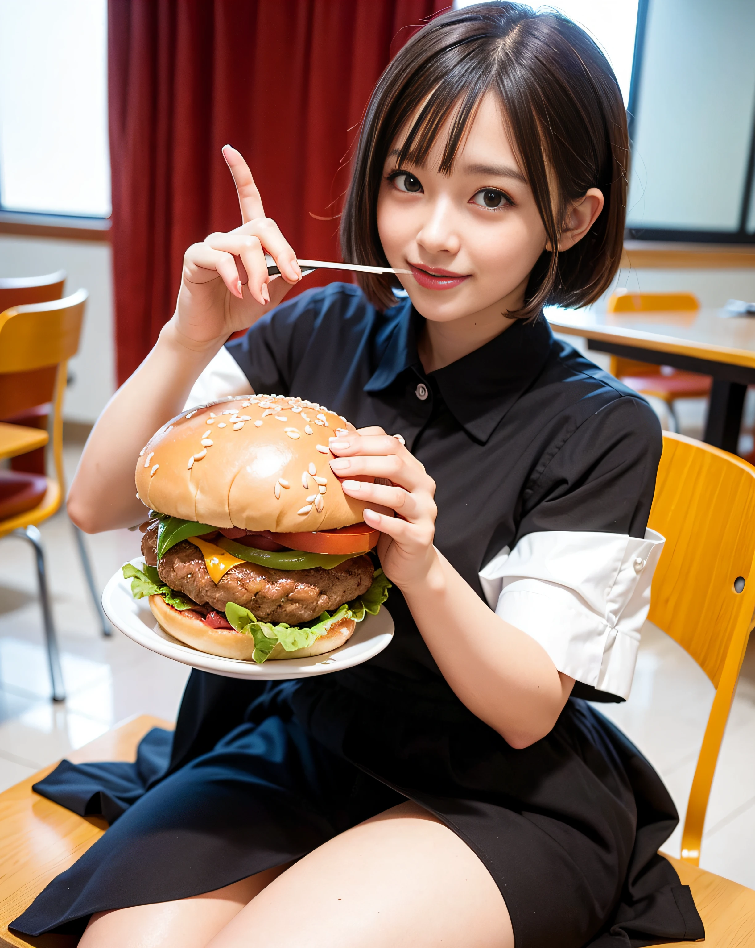 1 girl, (Collared shirt, micro skirt), (panties showing), Eat a giant burger in the cafeteria, Legs spread wide, Bright colors and cute patterns, The Ultimate Micro Panties That Couldn't Be, Crotch focus, NSFW , (best) quality, masutepiece, nffsw, super detailed, Photorealistic: 1.4), Half-open mouth, Smile, Short hair, Large crowds