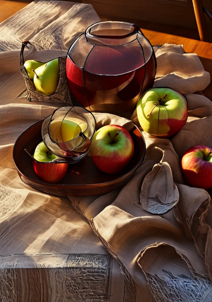 A wine jug，Two apples，Two pears，tablecloth，A table