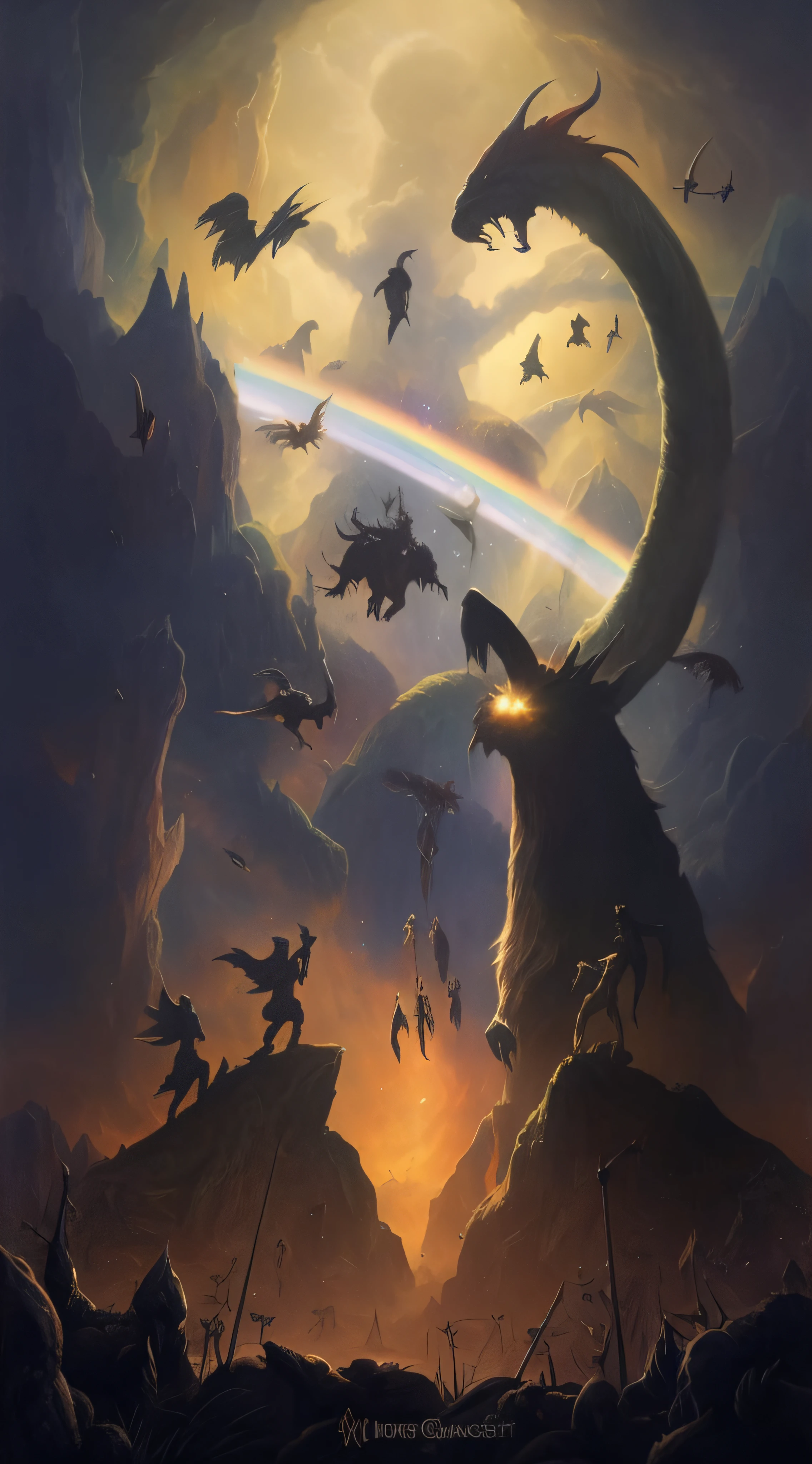 painting of a group of people and animals in a field with a rainbow, an ominous fantasy illustration, high fantasy illustration, fantasy book cover painting, epic fantasy novel cover art, epic fantasy illustration, dnd cover art, epic fantasy painting, epic fantasy artwork, epic fantasy art style, similar to the bifrost, symmetrical epic fantasy art, fantasy artwork
