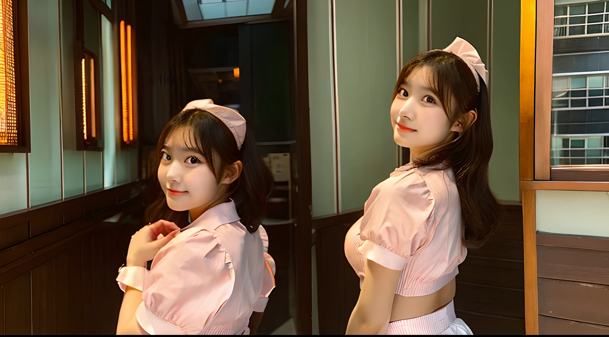 18-year-old waitress in a peach-colored miniskirt