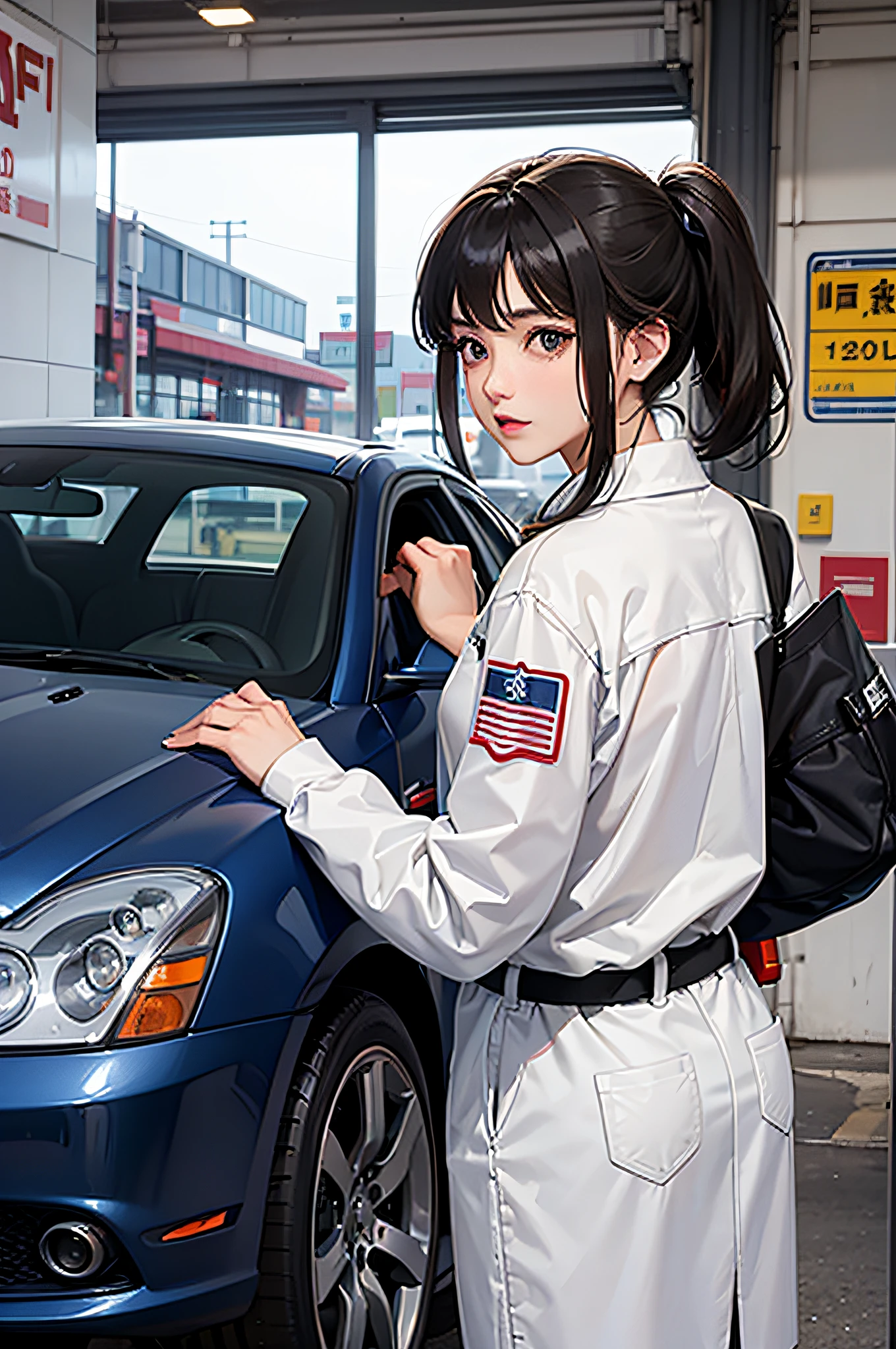 20-year-old woman working in a car repair shop、White britting clothes、sports car on the background