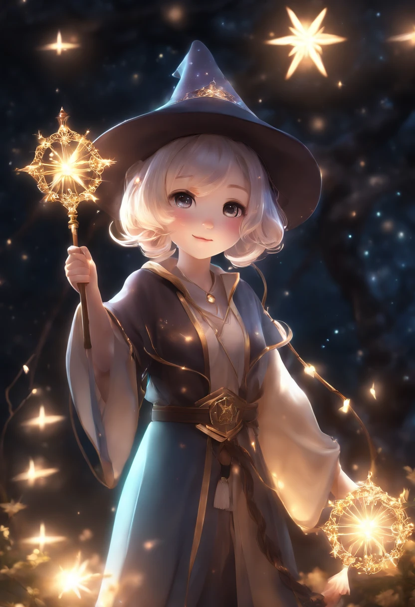 Best picture quality, role-playing game world, lovely five-year-old girl, ochre-colored mushroom-cut hairstyle, amazingly large shining eyes holding a magic wand and wearing a black scarf and gray robe-like clothes, long eyelashes, neat , friendly and bright smile, braveand accompanied by a wizard and a warrior,