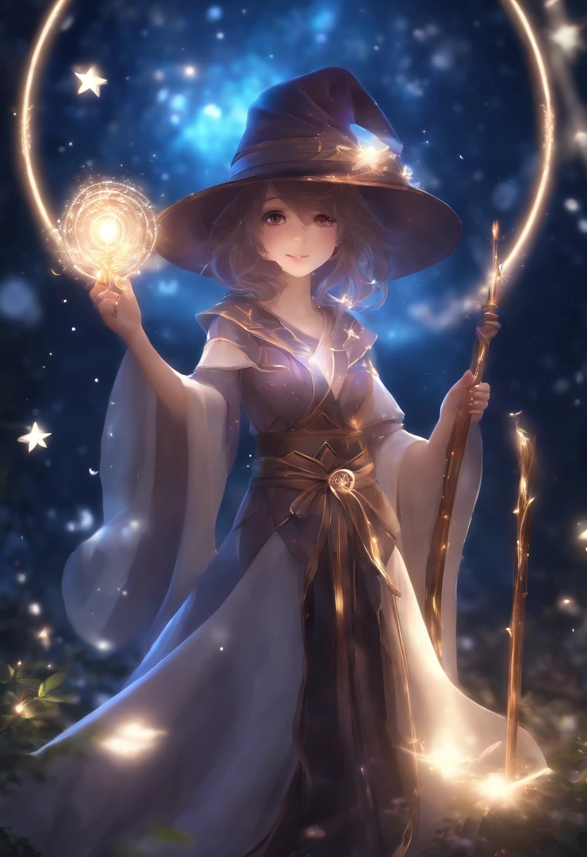 anime, cute girl, wizard hat, robe, holding ancient staff, happy, magic circle, midnight, bloom, ambient occlusion, glow, glowing lights, light particles, bokeh, star, twinkles, transparent, translucent
