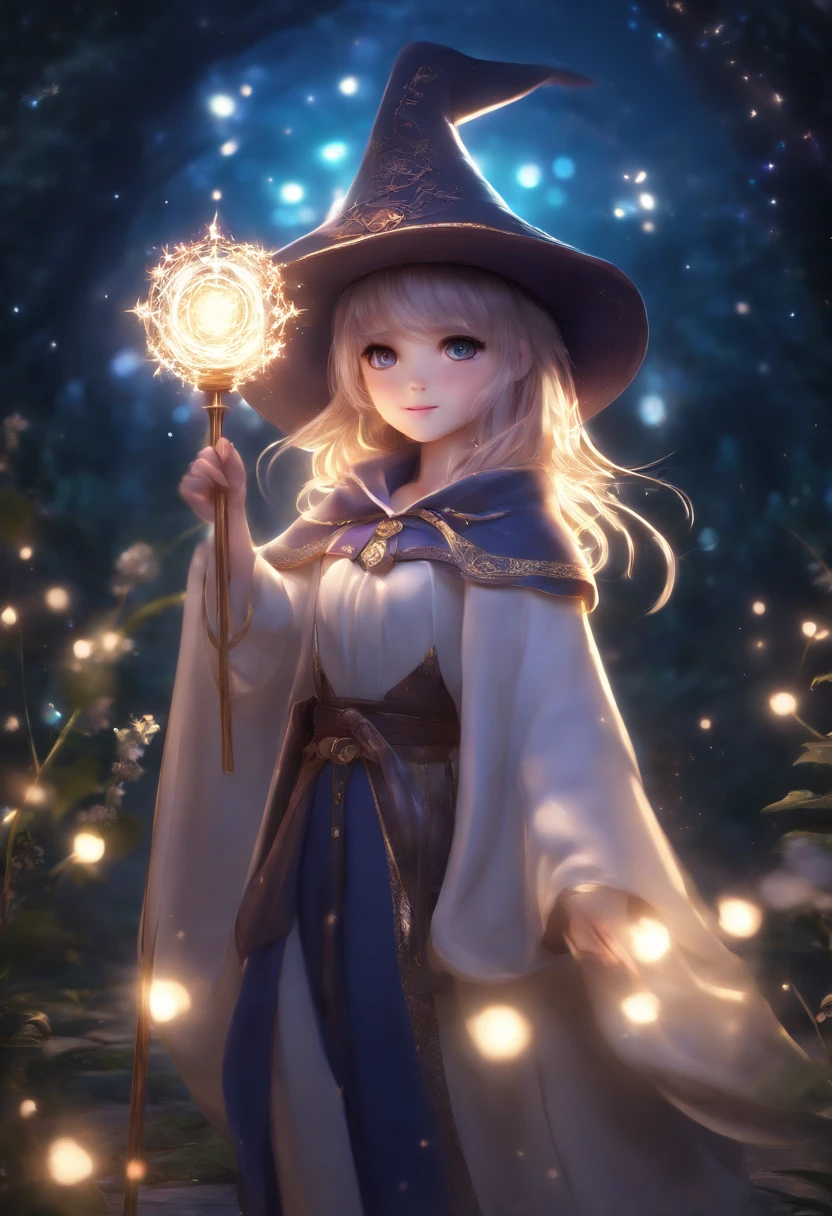 anime, cute girl, wizard hat, robe, holding ancient staff, happy, magic circle, midnight, bloom, ambient occlusion, glow, glowing lights, light particles, bokeh, star, twinkles, transparent, translucent