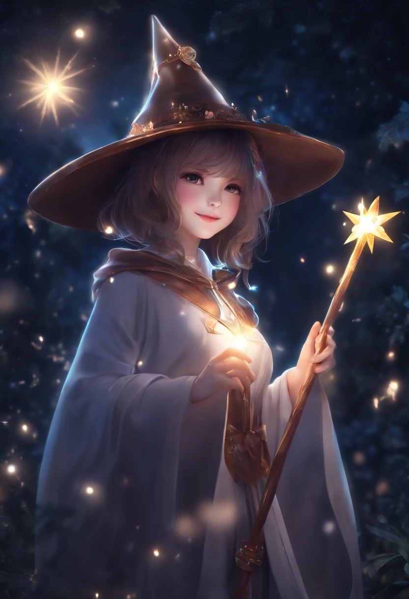 anime, cute girl, wizard hat, robe, holding ancient staff, happy, magic circle, midnight, bloom, ambient occlusion, glow, glowing lights, light particles, bokeh, star, twinkles, transparent, translucent
